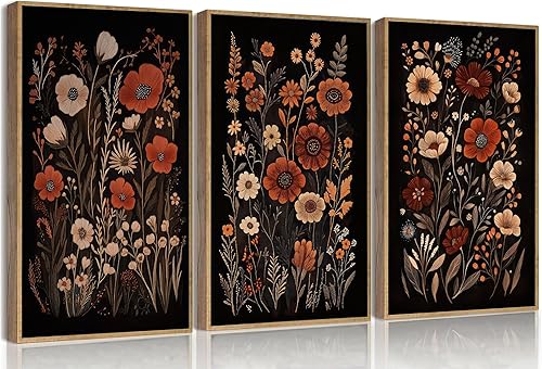 3 piezas de arte de pared floral oscuro vintage Moody Flowers botánicos, pintura para decoración de pared, lienzo impreso para sala de estar,