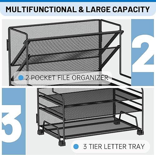 Miniatura 3 de Organizador de archivos de escritorio, organizador de papel de 3 niveles y cesta colgante de metal de 2 bolsillos para oficina, escuela, aula