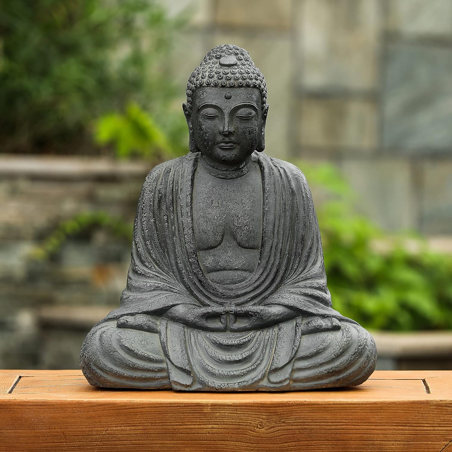 LuxenHome Buddha Statue Outdoor and Indoor, 17″ Fiber Stone Meditating Buddha Garden Statues Outdoor, Zen Sculptures, Outdoor Statues for Garden, Patio, Backyard Deck