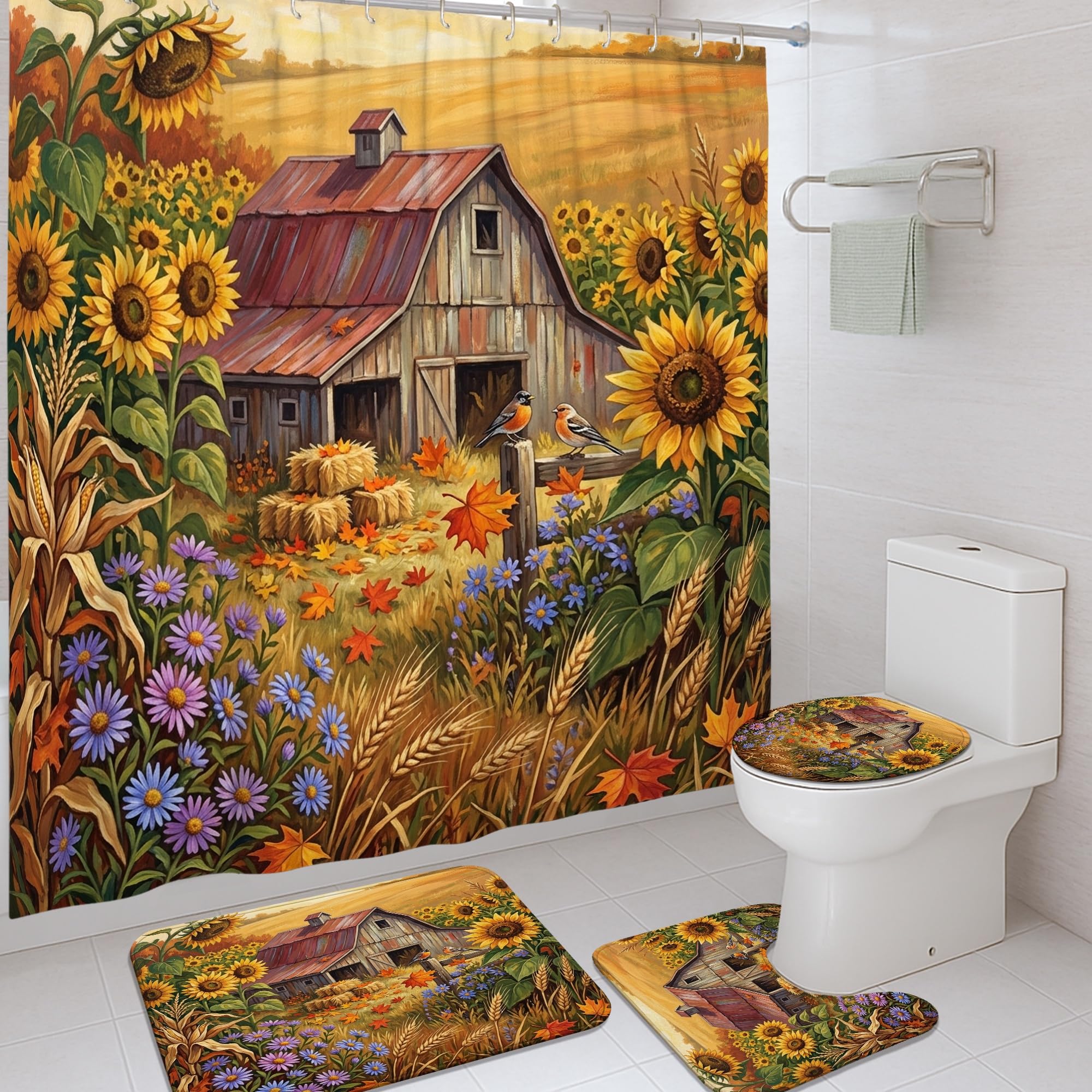 Ensemble rideau de douche rustique 183x183 cm polyester imperméable avec tapis