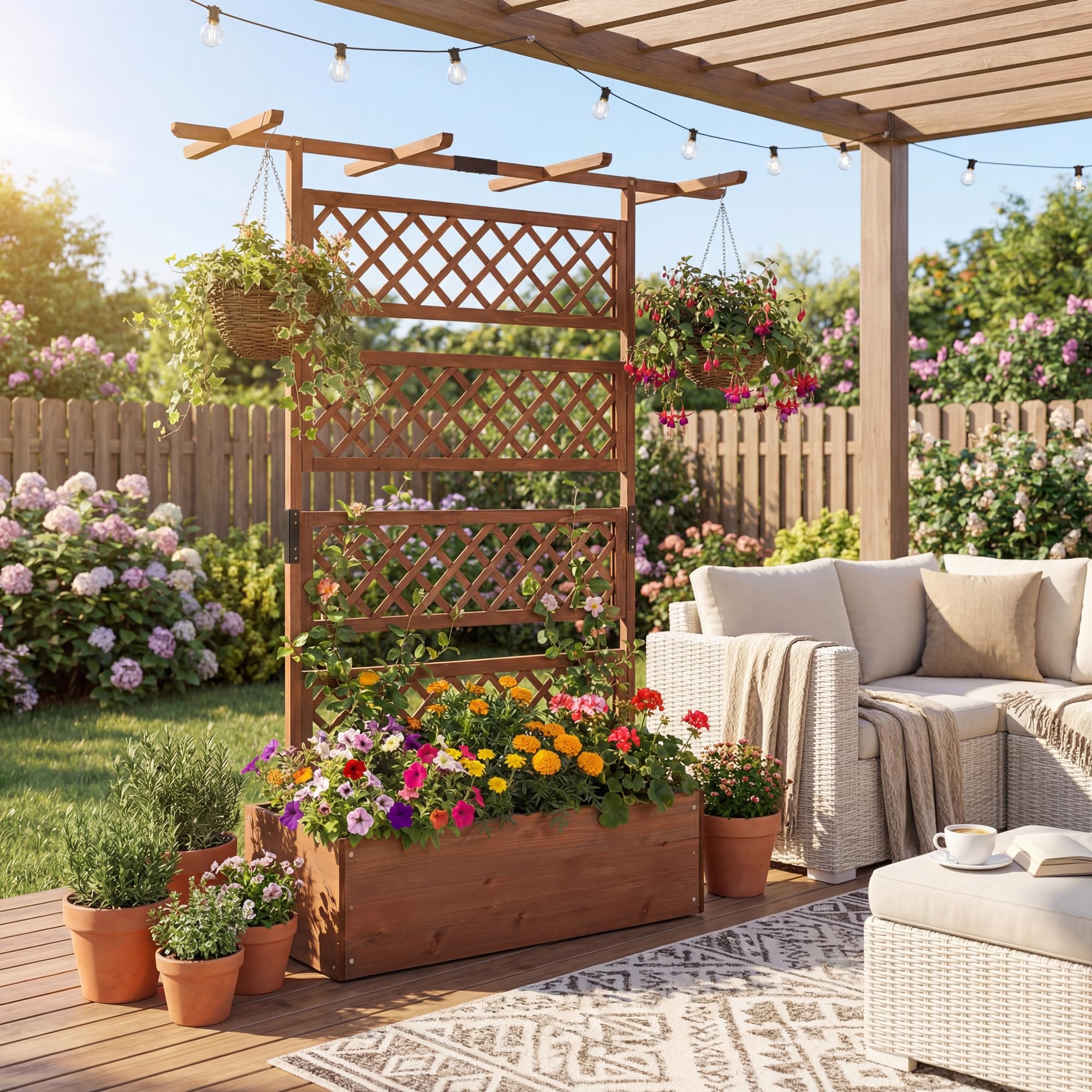 HOMASIS Orto Rialzato con Grigliato e Tetto da Giardino, Letto per Aiuola, Fioriera per Piante, Fiore, Rampicanti, Vasi, in Legno Massello, per Esterno, Terrazza, 100 x 55 x 183 cm, Marrone Scuro
