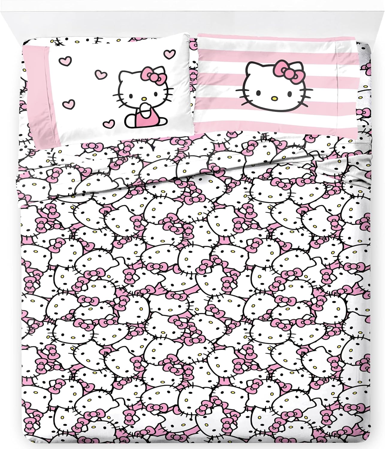 Jay Franco Sheet Set with Fitted, Flat Sheets & Pillow Cover – Ultra-Soft Bedding with Pillowcase for Room Decor, Multi – Hello Kitty, 4 Piece King