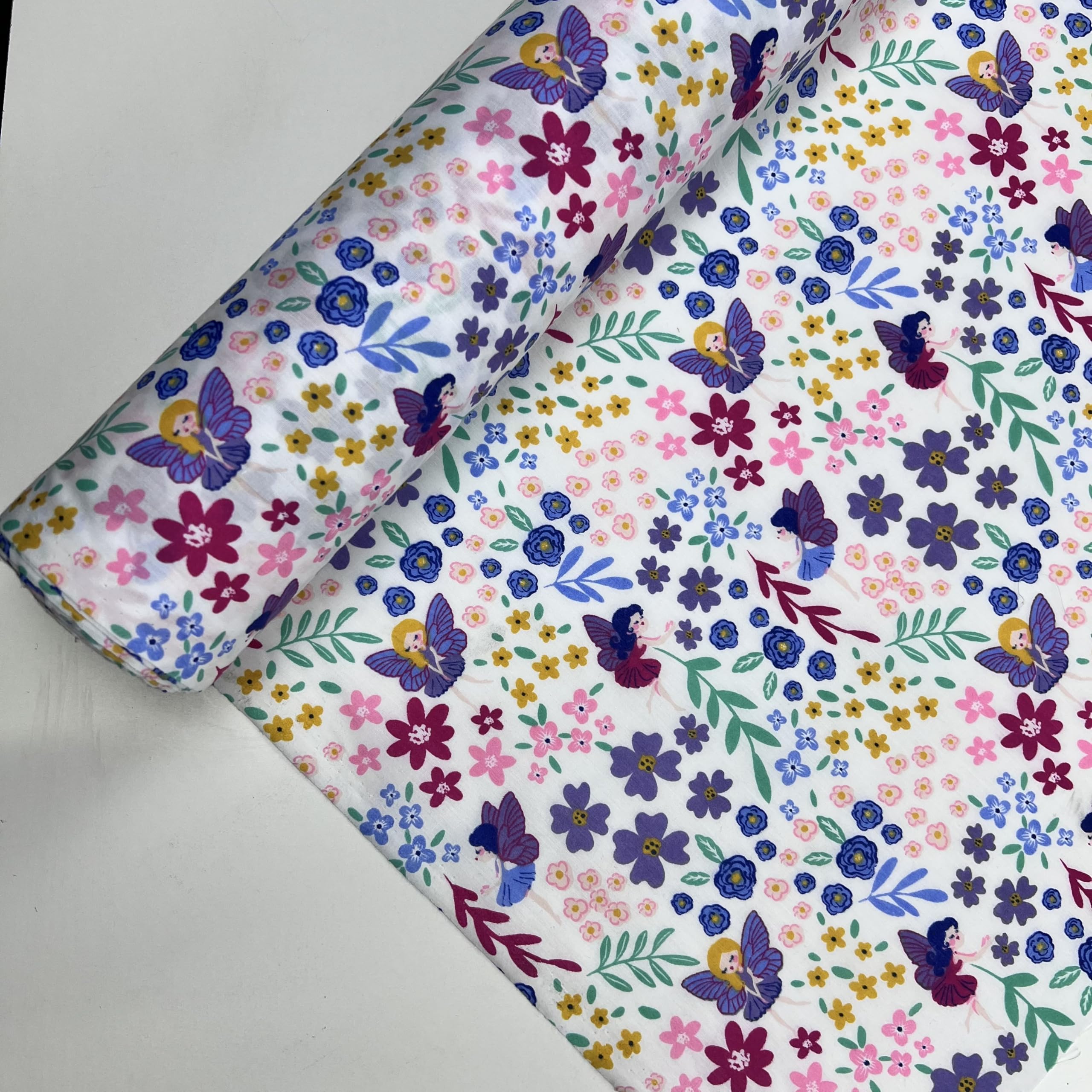 Pyrhan Fairy Garden Polycotton Fabric by The Metre – Whimsical Fairy & Floral Print on White, 45” (114cm) Wide, Lightweight Printed Fabric for Dressmaking, Craft, Quilting & Kids Sewing