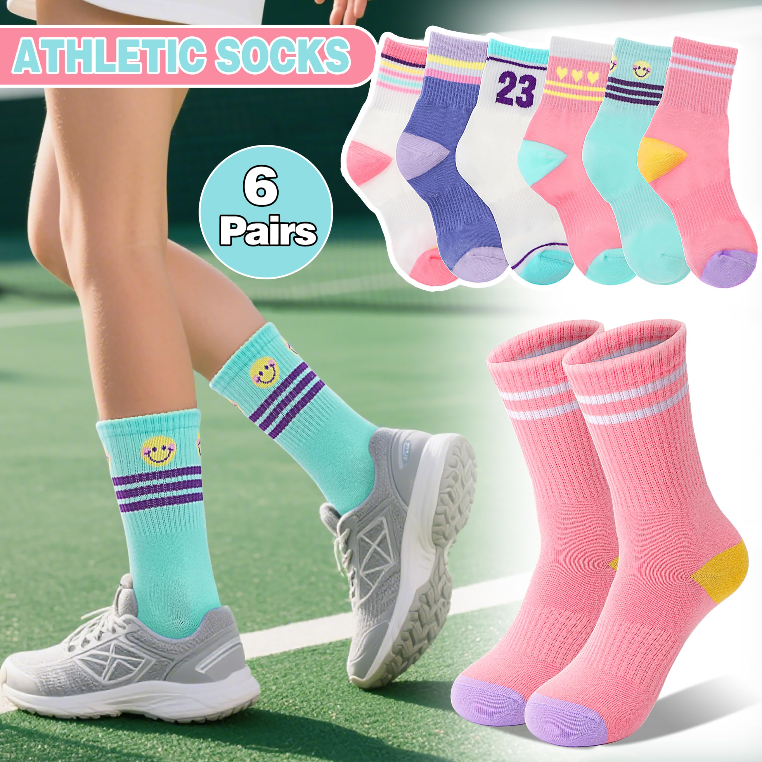 Sandsuced 6 pares calcetines atléticos niñas niños baloncesto deportes algodón respirables suaves actividades aire libre