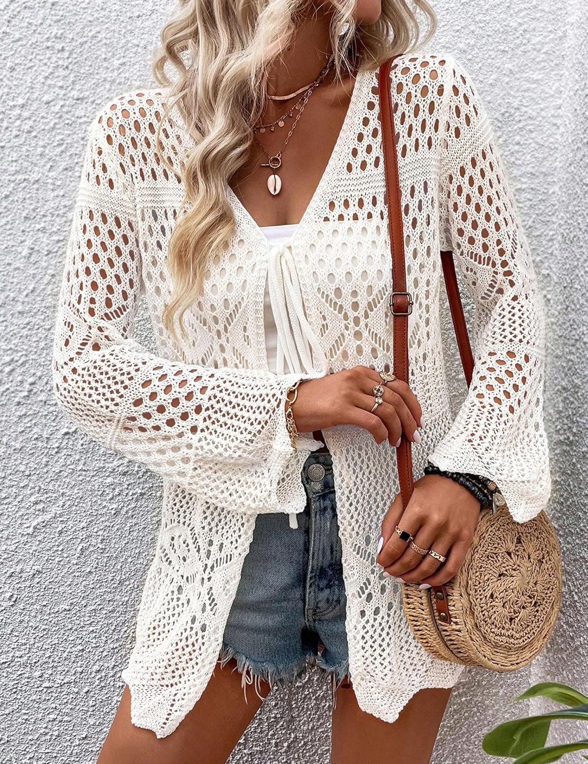 Women Crochet Cardigan Lightweight Tie Front Hollow Out Long Sleeves Summer Knit Cover Cardigans - Image 2