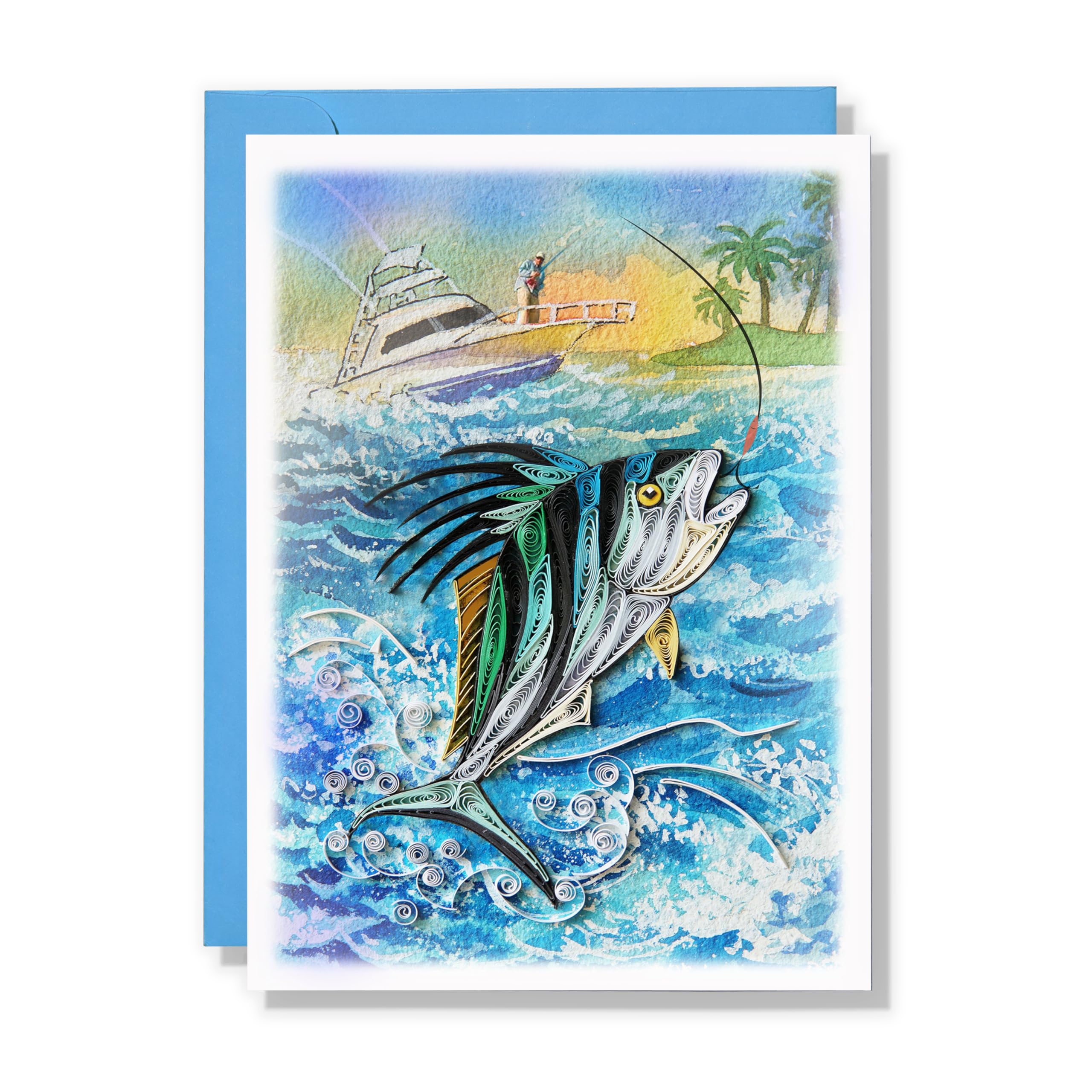 Father's Day Card, Roaster Fishing Quilling Card, Dad Birthday Card, Get Well Card for Fishing Lover, Artful Quilled Card for Brother, Him, Husband, Daddy, Grandpa (Fishing)