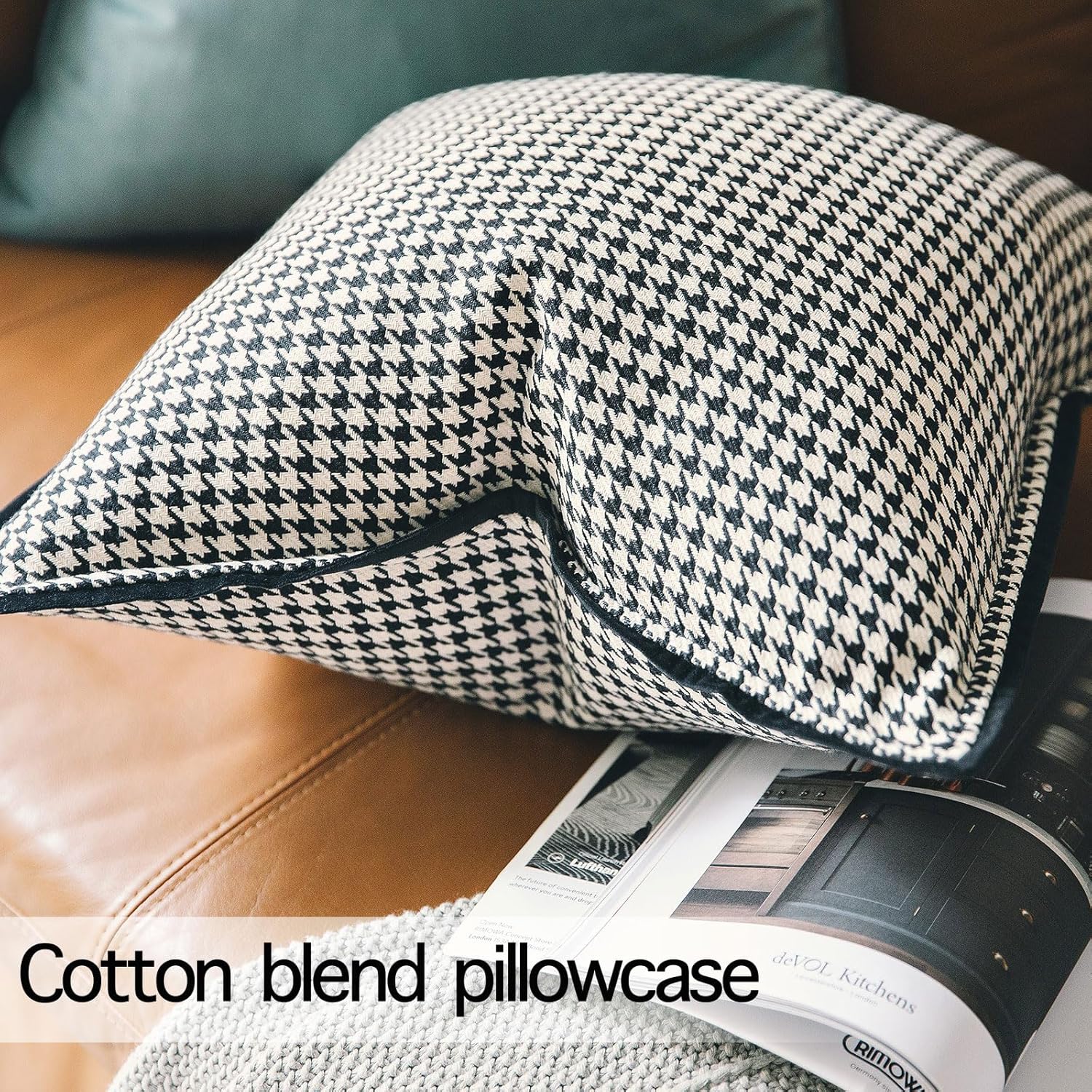 Houndstooth Throw Pillow Covers, Black and White, Polyester, 18x18 Inches, Fade-Resistant, Mid-Century Style, Rectangular, Set of 2