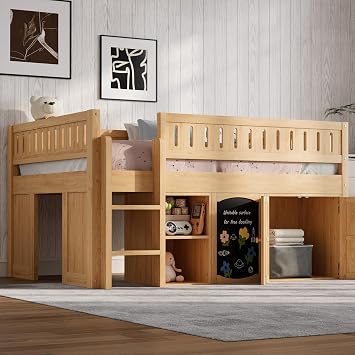 Full Size Loft Bed with Storage Cabinet and Chalkboard Panel, Solid Wood Frame - Space-Saving Design for Kids/Teens Bedroom Natural-A1