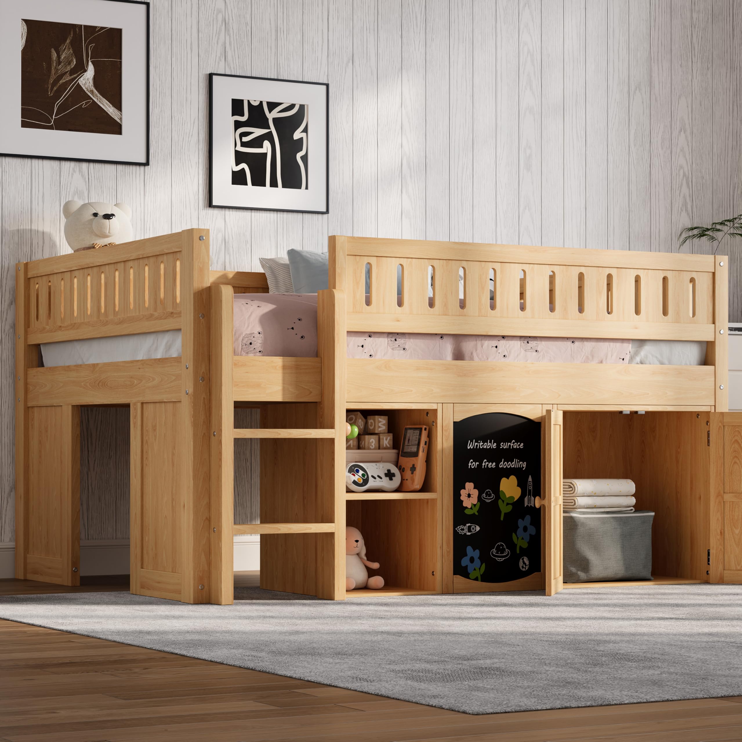 Full Size Loft Bed with Storage Cabinet and Chalkboard Panel, Solid Wood Frame - Space-Saving Design for Kids/Teens Bedroom (Natural-A1)