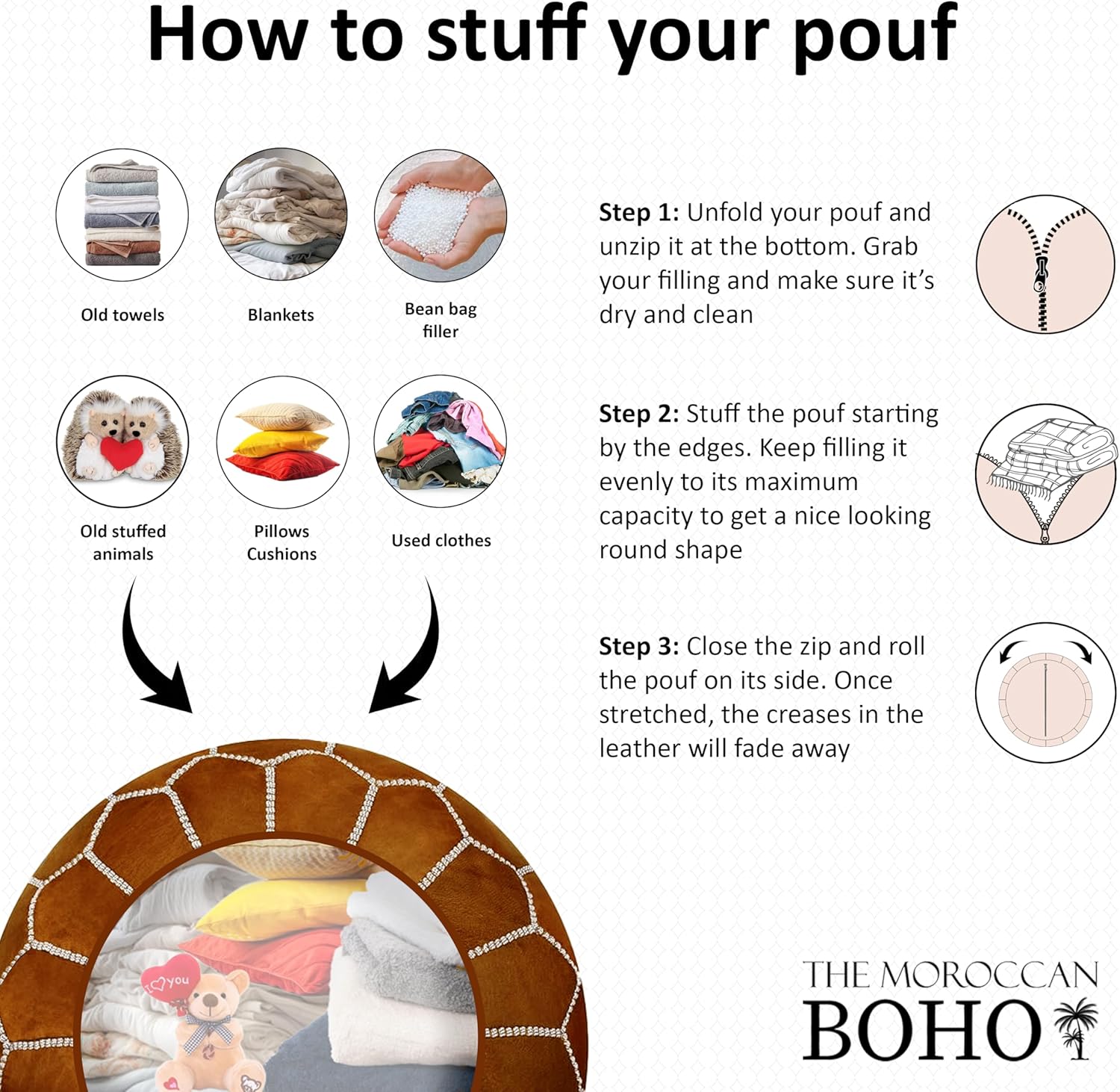 Moroccan Leather Pouf Ottoman for Living Room - Round Ottoman Cover - Unstuffed Leather Foot Stool - Yellow