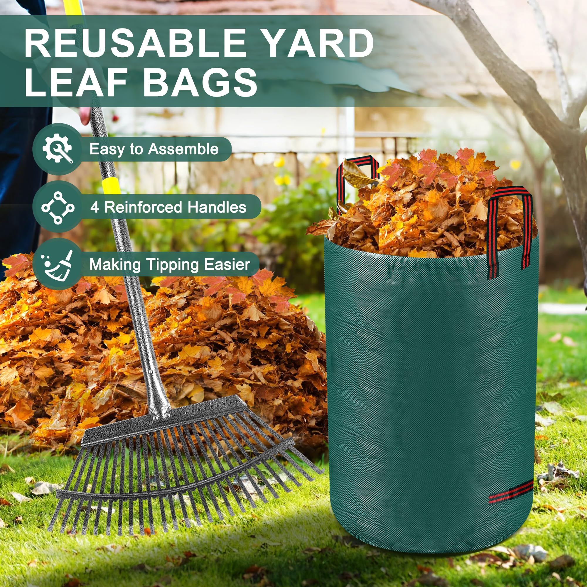 Verstellbarer Laubbesen für den Garten, 45,7 cm breit, 25 Zinken, 94 - 200,7 cm Griff, Metall-Laubbesen mit 2 Laubsäcken und Schaufeln, robustes Rechen-Set für Rasen, Gras, Sträucher, Blumenbeete