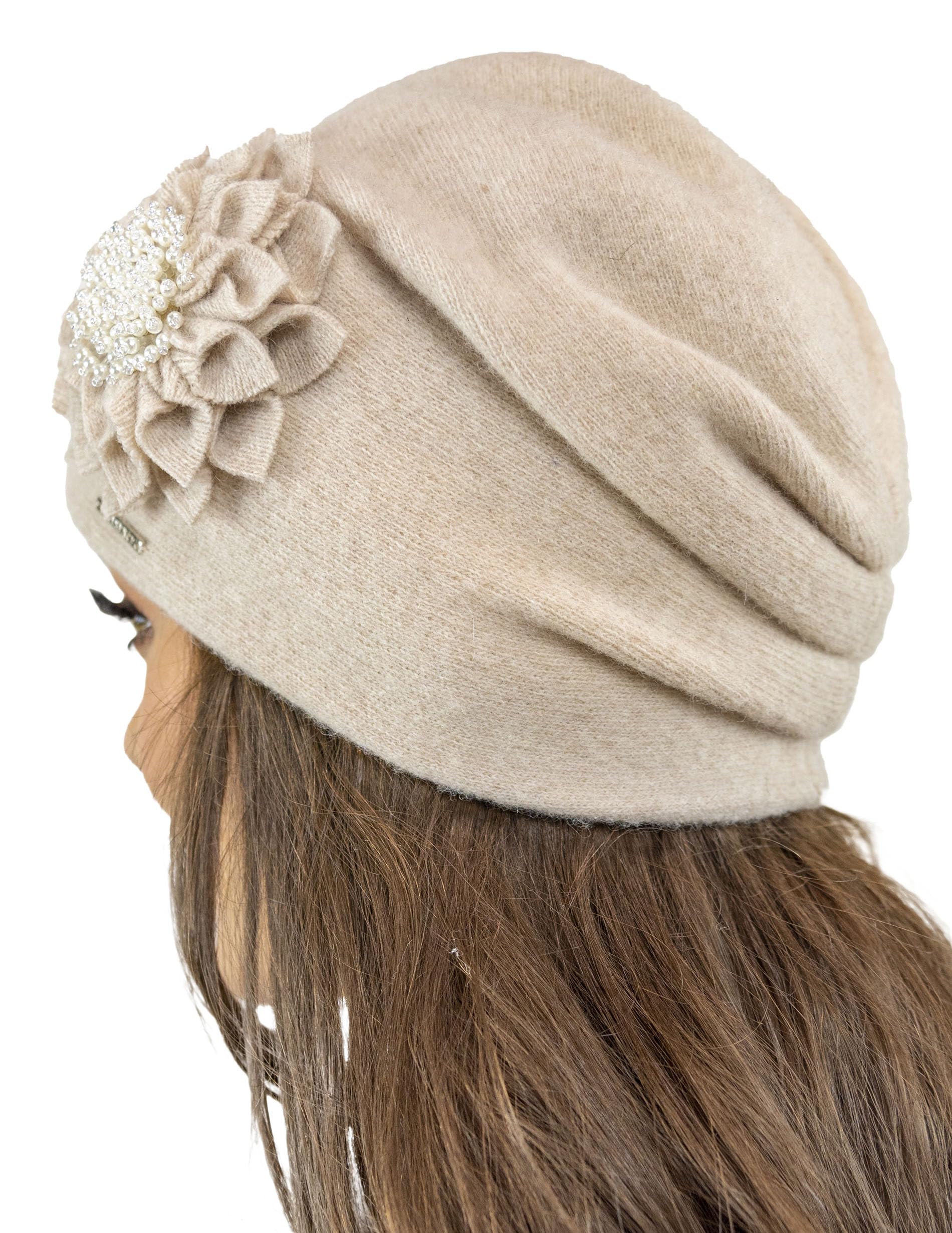 Vivisence Berretto Donna in Lana con Fiore Elegante Pieghe Antistatico 7052