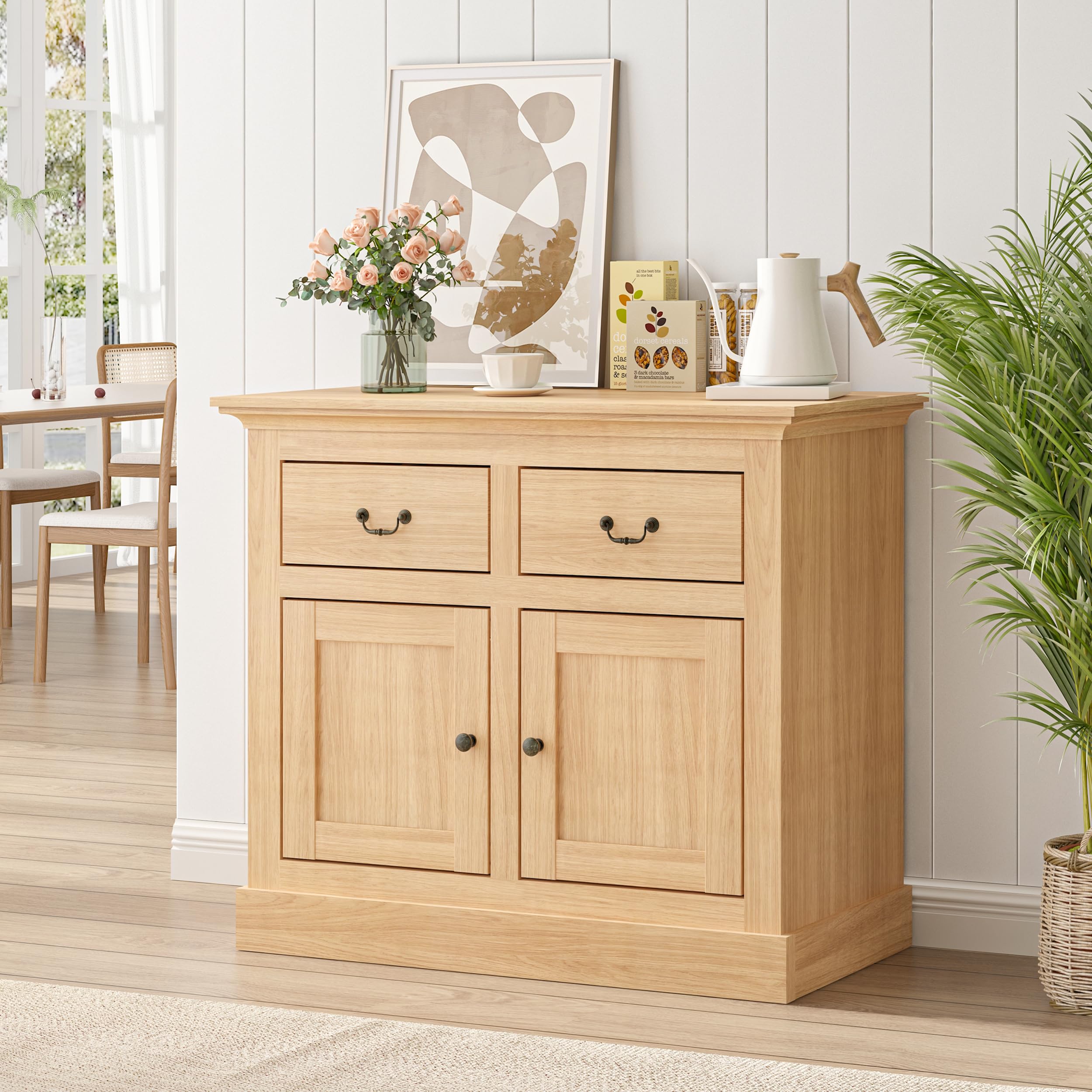 MYLFStylish Farmhouse Sideboard Cabinet Oak,Modern Freestanding Storage Buffet with 2 Drawers,Metal Handles and Adjustable Shelf,Buffet Cabinet for