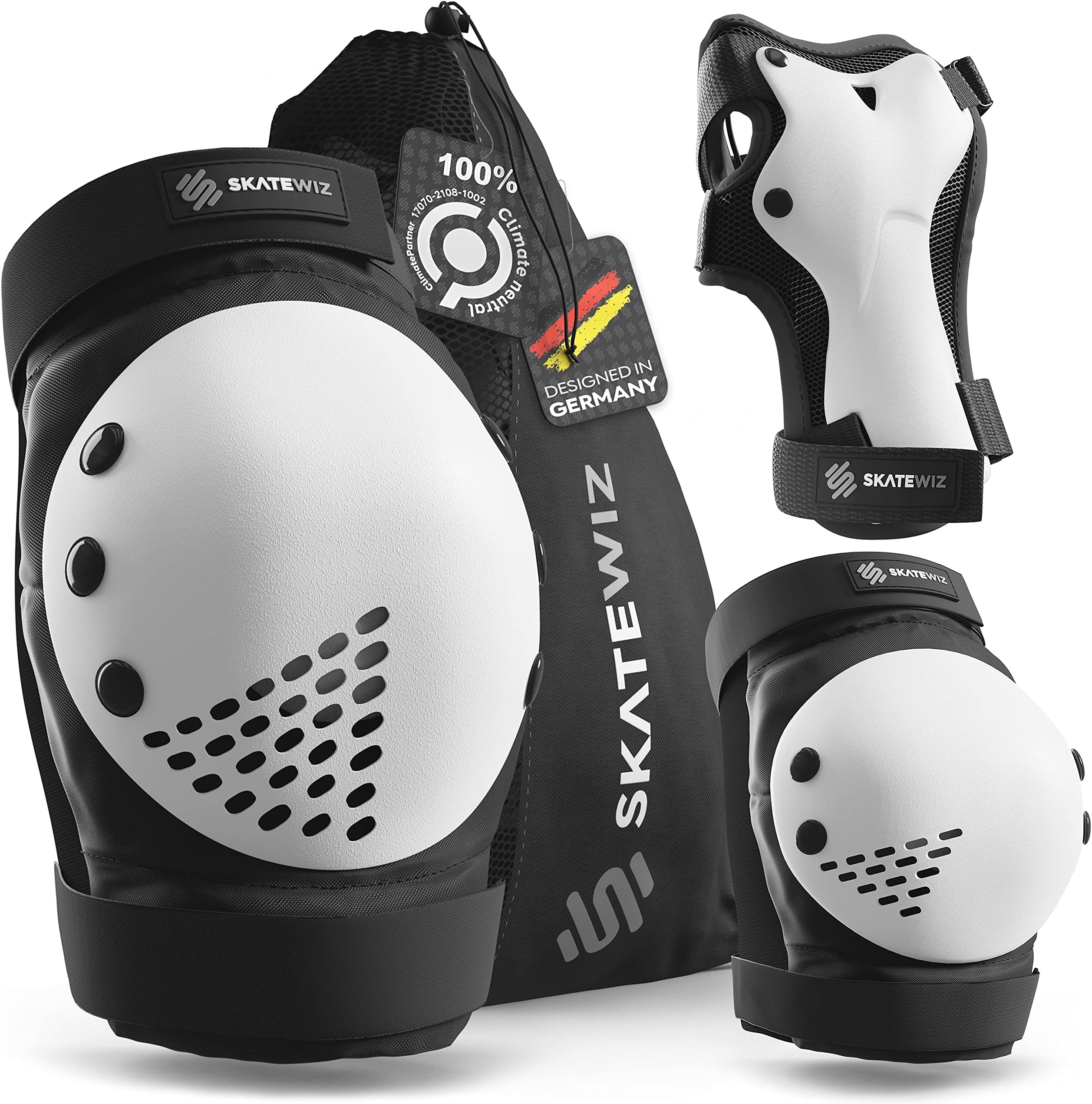SKATEWIZ Knee and Elbow Pads Adult - Skating Protective Gear Adult - SMASH - Size L Black White - Skate Protective Gear Roller Skates Scooter Skateboard Knee Pads for Women Roller Skating