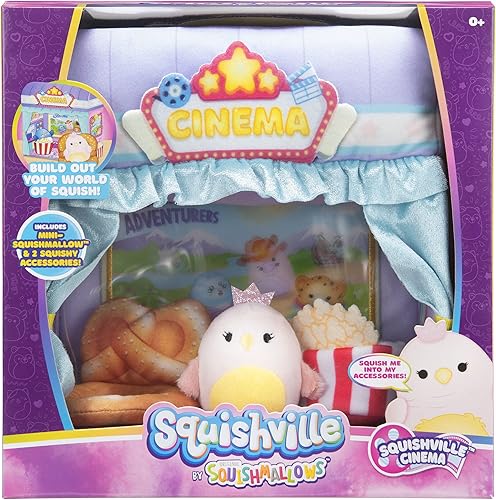 Miniatura 2 de Squishville Mini-Squishmallows Cinema Playset – Incluye una felpa de 2 pulgadas, silla de pretzel, cubo de palomitas de maíz, felpa