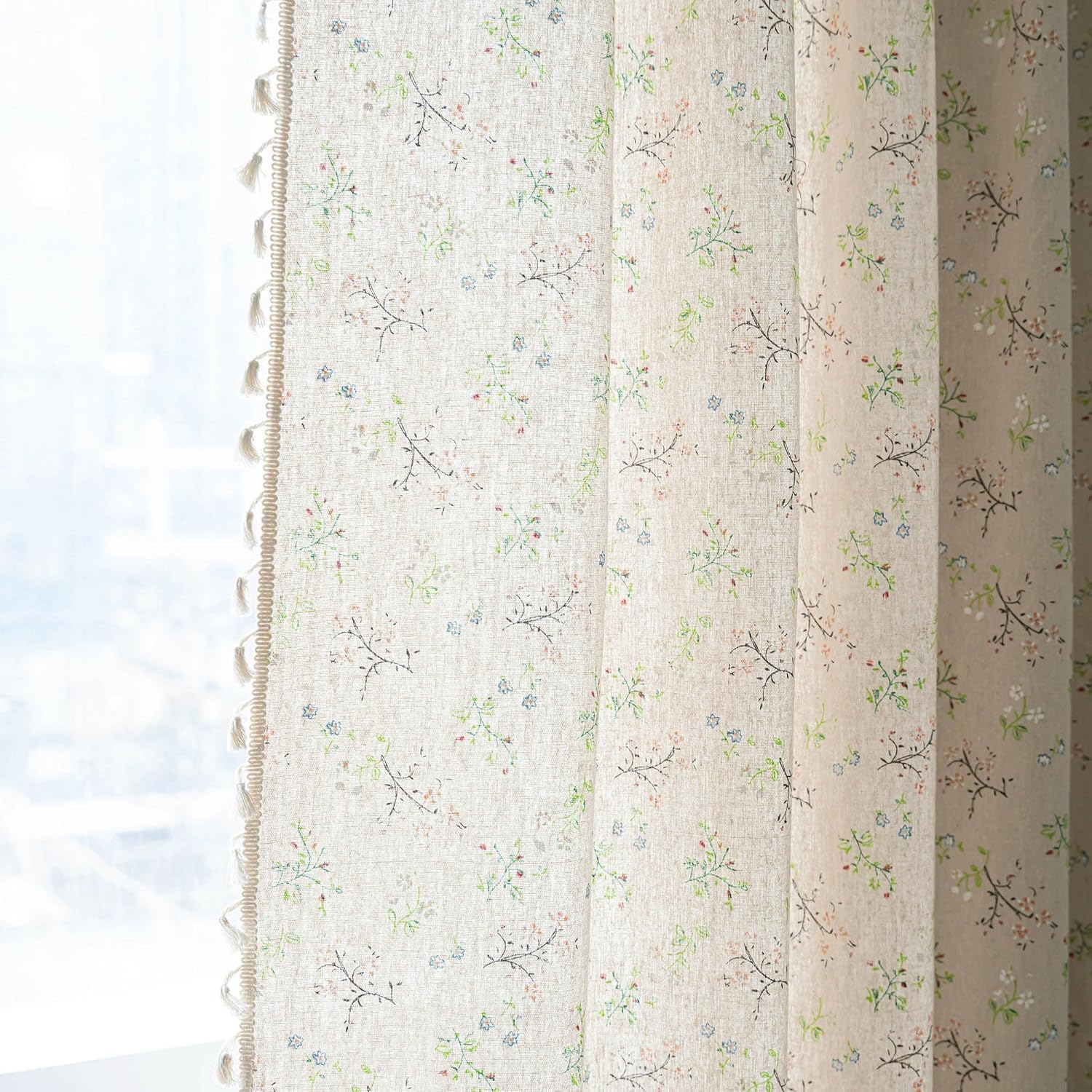 ENJOYBRIDAL Floral Boho Curtains 2 Panels Short 63 Inch Curtains Patterned Semi Sheer Living Room Drapes Farmhouse Bohemian Window Curtain Panels with Tassel Beige Rod Pocket Bedroom Drapes