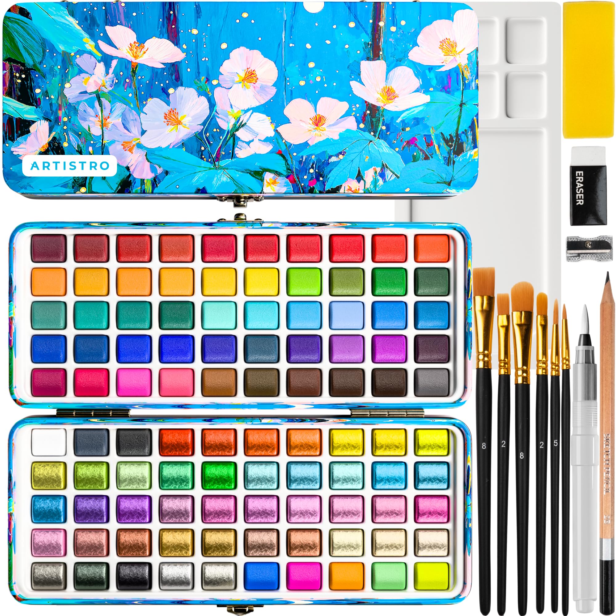 ARTISTRO 100 Color Watercolor Paint Set - Portable Paint Art Kit with Palette and Brush Pens - Travel Water Color Set for Adults, Professionals, Kids