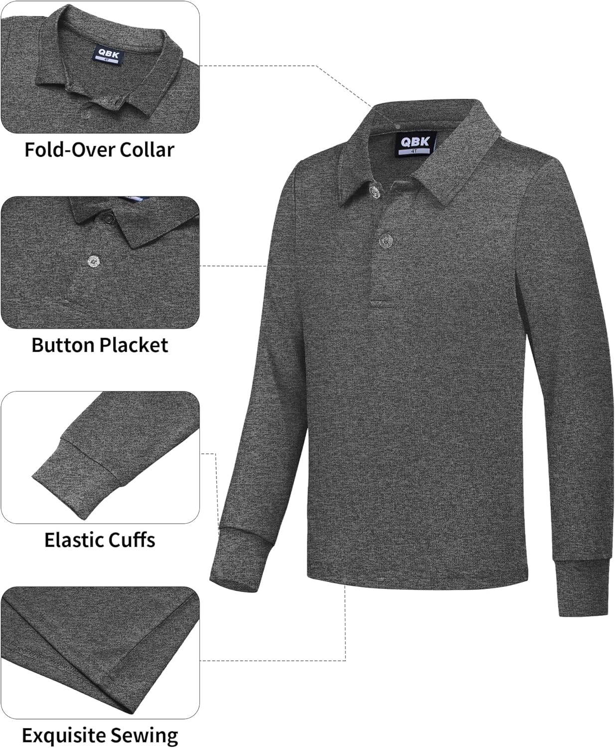 QBK Boys' Performance Polo Kids Collared Golf Shirts Long Sleeve School Uniform for 4T-16Y - Image 4