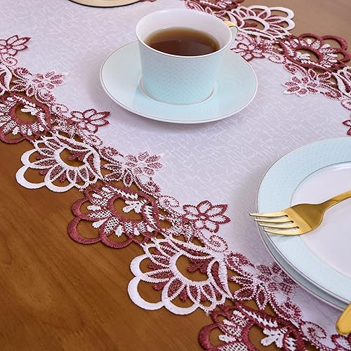 Miniatura 5 de Camino de mesa de encaje jacquard rojo oscuro blanco de 36 pulgadas de largo, bufanda de aparador claret, decoración de mesa para cocina, mesa de