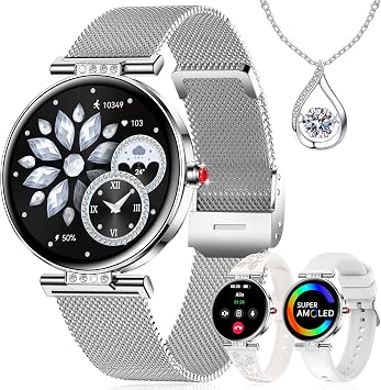Smart Watch for Women 3 Bands 1.19 AMOLED Bluetooth Call Fitness Tracker | Compatible Android/iPhone Smartwatch with Step/Heart Rate/SpO2/Sleep Monitor, 120+ Sports Mode DIY Dial, Silver/Gift Womens