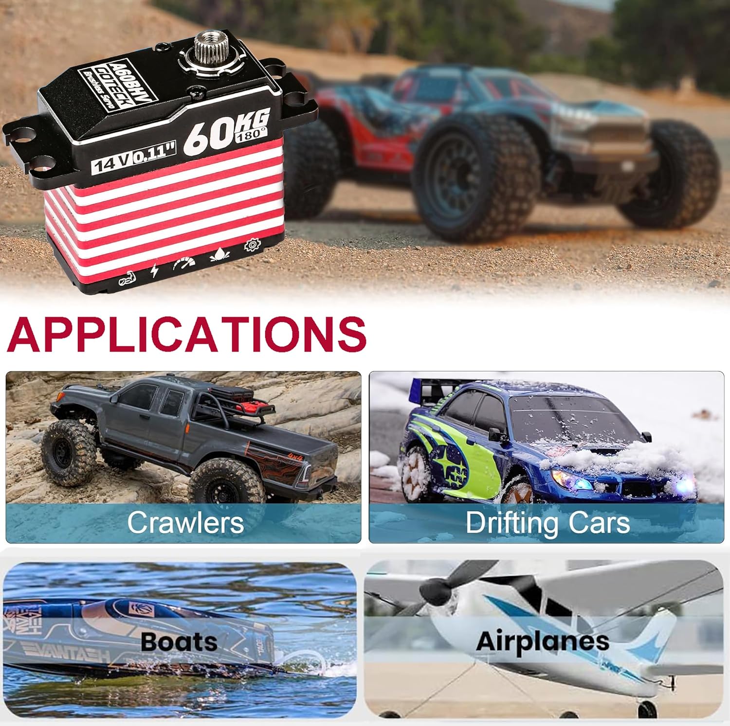 GOTECK 60KG Brushless Digital Servo,High Voltage 14V Full Metal Gear Waterproof Steering Servo with 25T Servo Horn for 1/8 1/10 Scale RC Cars,RC Crawler,Trucks,Boat,Robot Parts (A60BHV-180°)
