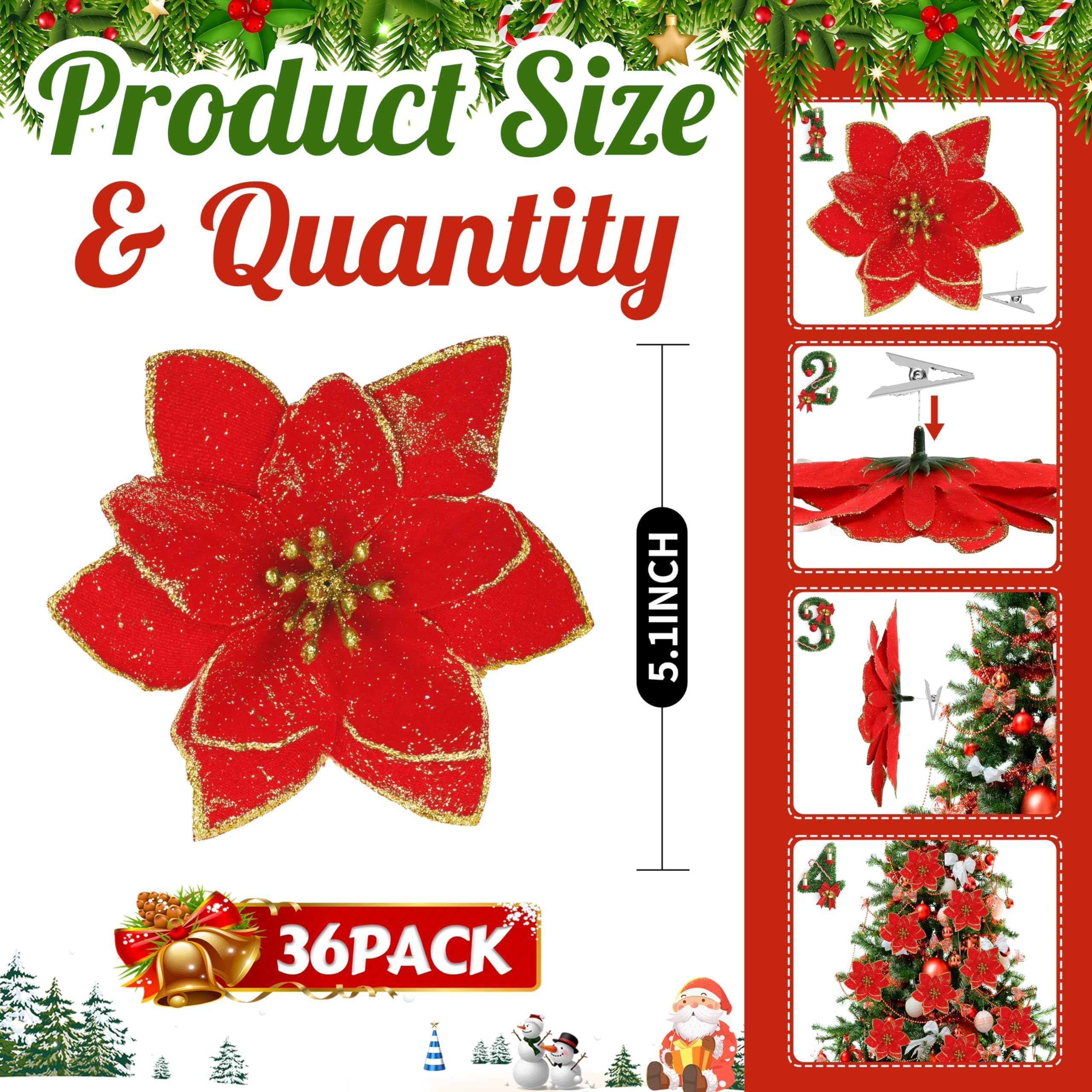 OCTERIC 36 flores de Pascua artificiales con purpurina con clips, corona de Navidad, adornos de árbol de Navidad para decoración de árbol de Navidad, coronas, decoración de vacaciones (rojo)