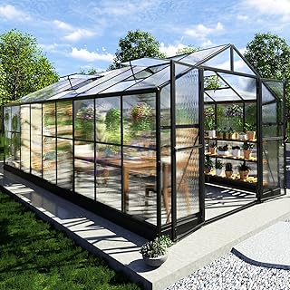 AMERLIFE 8x18x7FT Polycarbonate Greenhouse, Walk in Greenhouse with Quick-Connect System, Green House with 4 Windows and Swing Lockable Door, Greenhouses for Outdoors, Sunroom Black
