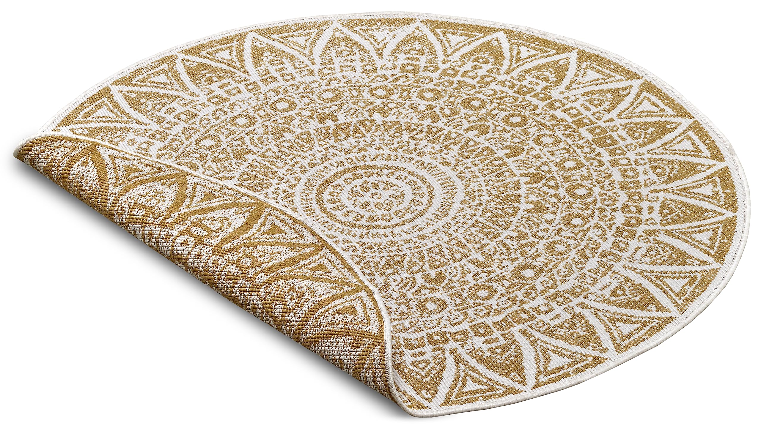 freundin Home Collection Lilja - Tappeto reversibile per interni ed esterni, rotondo, design bohémien, resistente alle intemperie e ai raggi UV, per balcone, terrazza, giardino, ocra, ø 140 cm