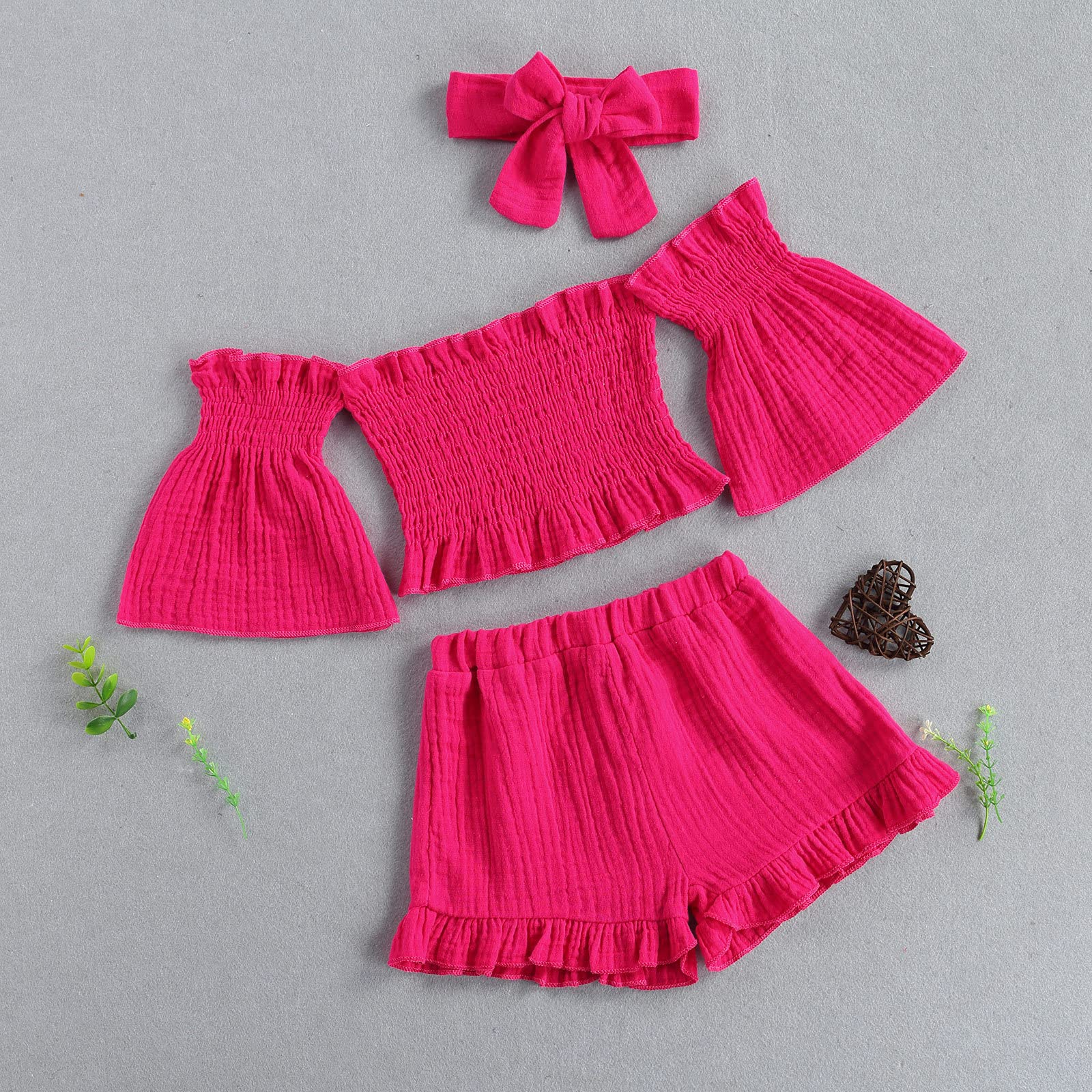 Toddler Baby Girl Shorts Set Off Shoulder Flare Sleeve Crop Tops Ruffle Shorts with Headband Summer 3Pcs Outfits(4-5years Old,Rosered)