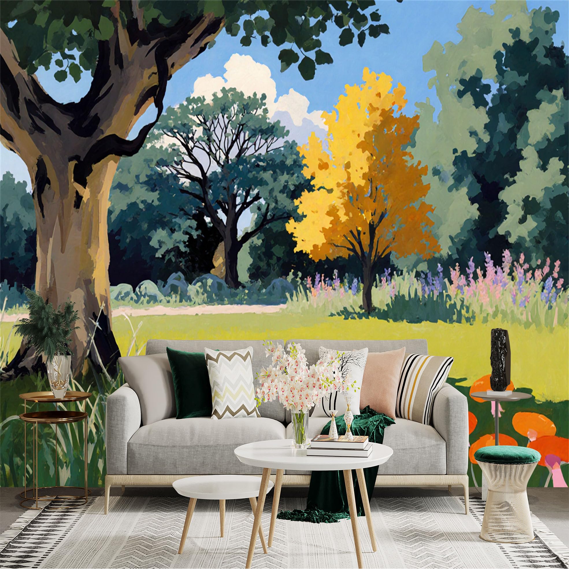 Custom Size Wall Sticker Mural， Impressionist Landscape with Golden Foliage， Large Tree and Wildflowers， for wall Decoration， peelandstick wall Decals.