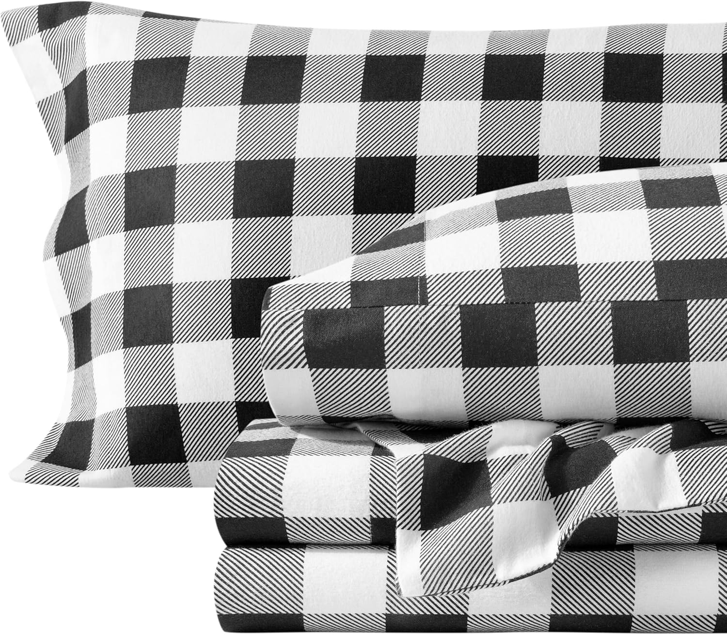 Bare Home Cotton Flannel Sheet Set Prints, 100% Cotton, Velvety Soft Heavyweight - Double Brushed for Softness & Comfort - Deep Pocket - Bed Sheet (Cal King, Buffalo Plaid - White/Black)