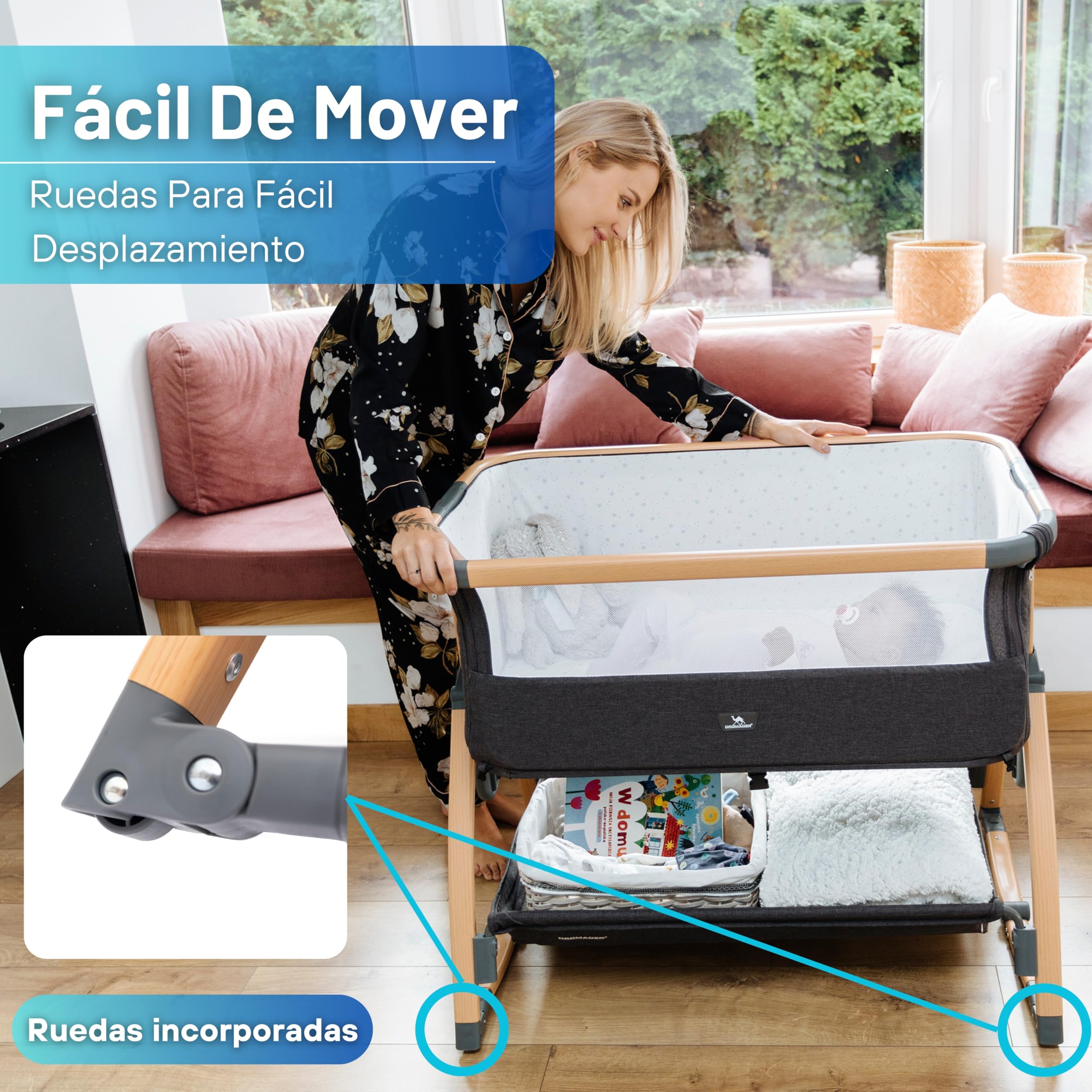 DROMADER Cuna Colecho Bebe – 0-6 Meses - Cuna Portátil con Ruedas - Malla Transpirable - Colchón Cómodo Incluido - 7 Alturas Ajustables - Función Balanceo - Gris