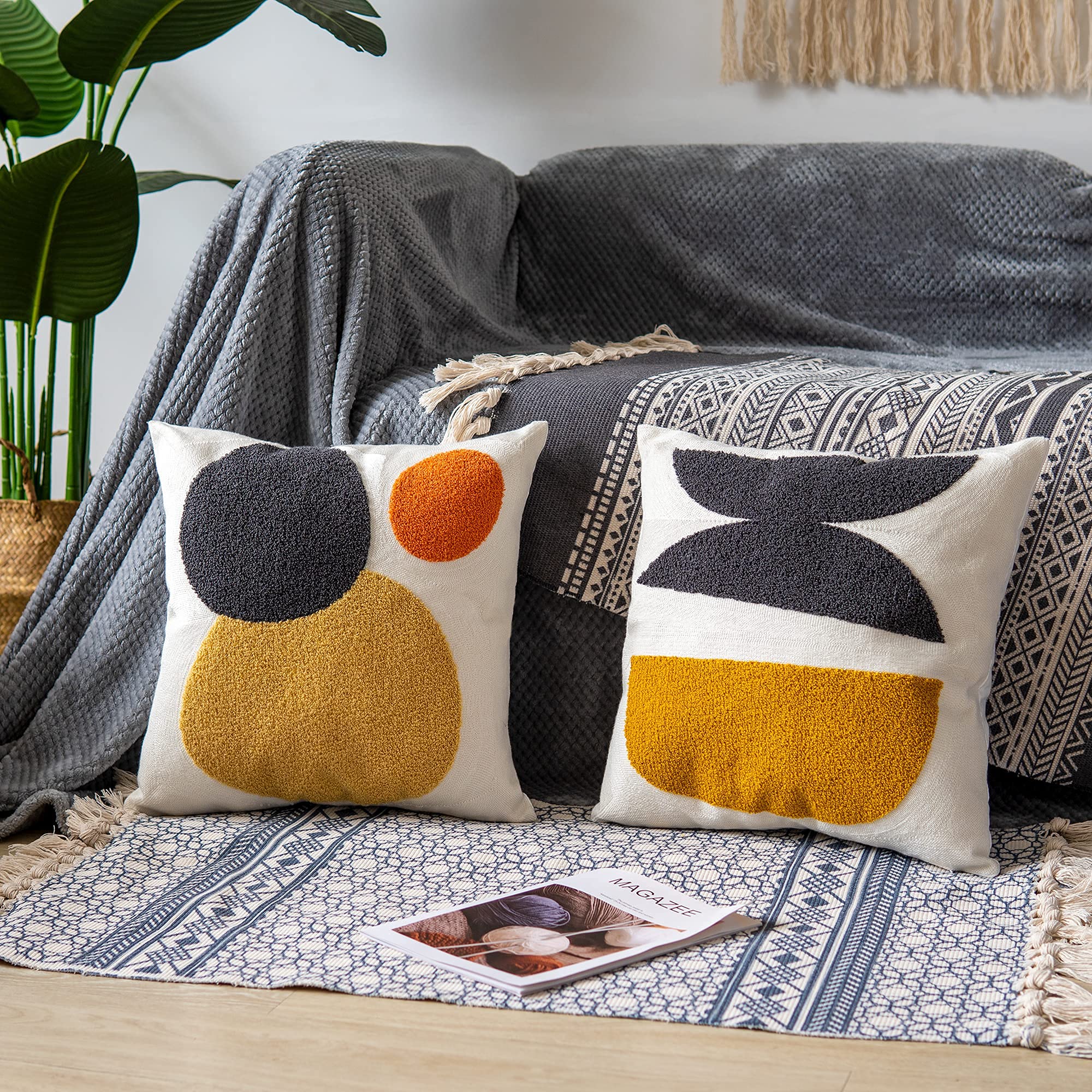 Funda de cojín Simple y Bohemia, Funda de Almohada Tejida de algodón para Cama, sofá, decoración del hogar, Funda de cojín Moderna de 18 x 18 Pulgadas, 1 Pieza (Mostaza Negra)