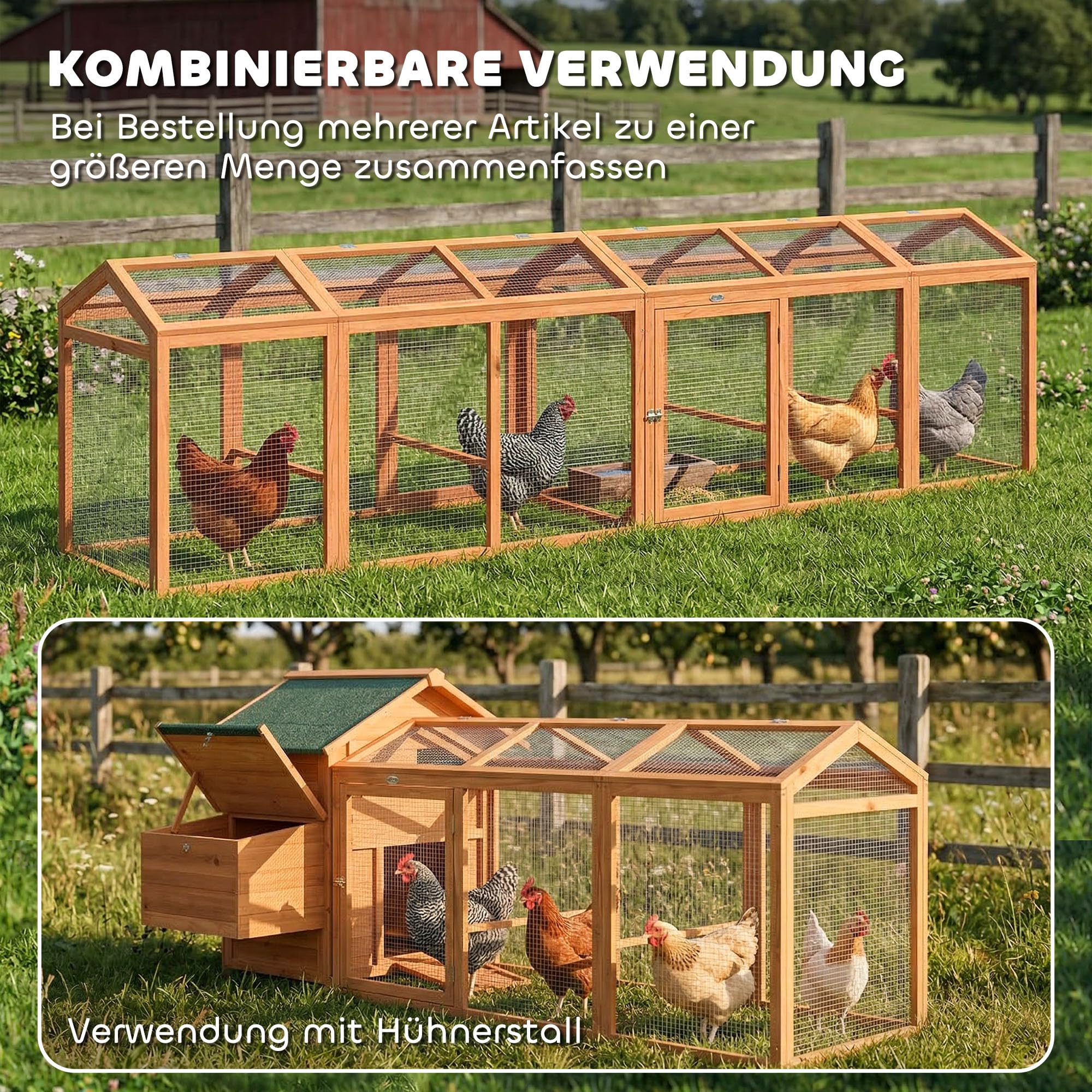 PawHut Hühnerstall mit Sitzstange Doppeltüren 156 x 70,5 x 84 cm Orange | Freilaufgehege, Hühnergehege, Hühnerkäfig aus Holz und Metall, Freigehege für 4 Hühner, Kleintiere