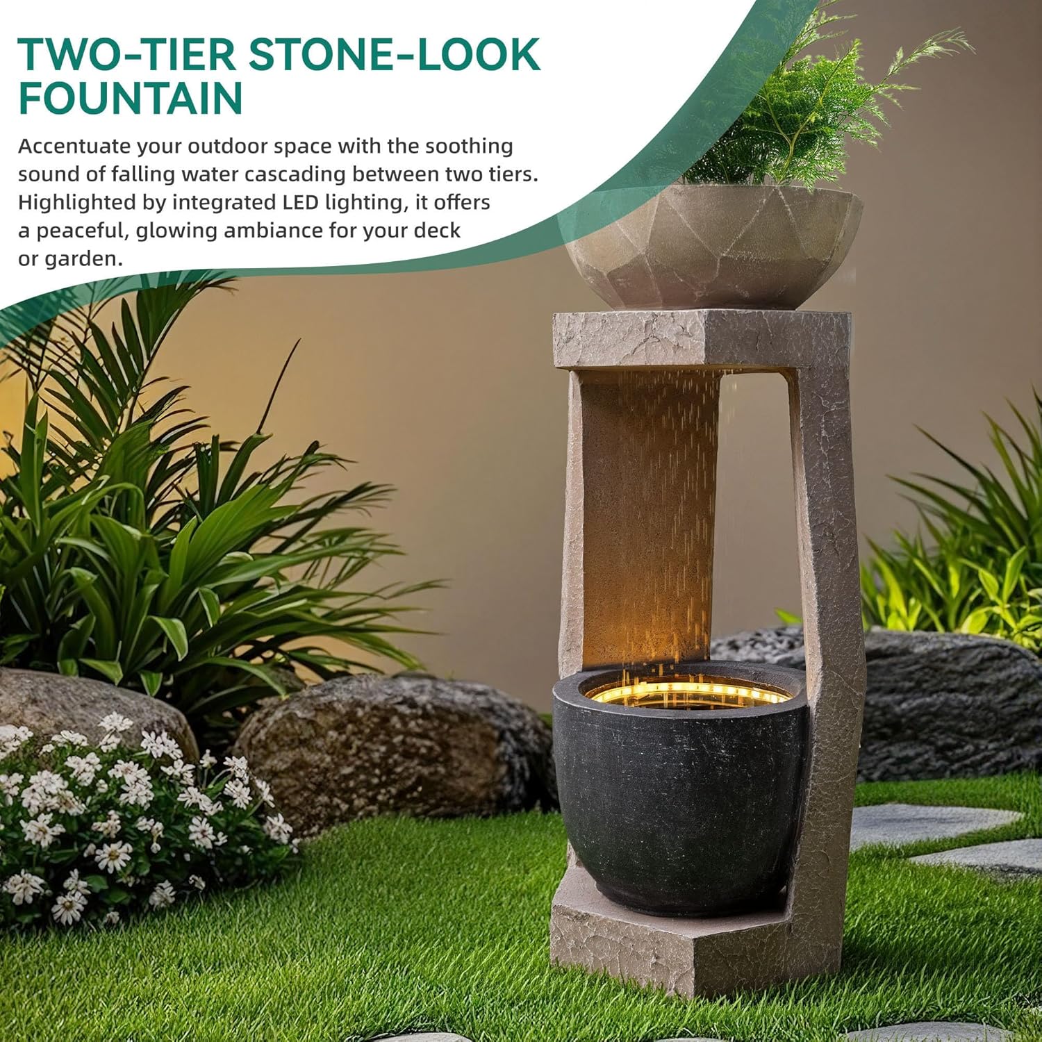 32" Outdoor Fountain, Modern Geometric Two Bowls Water Feature with LED Lights, Resin Soothing Cascading Waterfall for Patio, Backyard, Garden or Porch