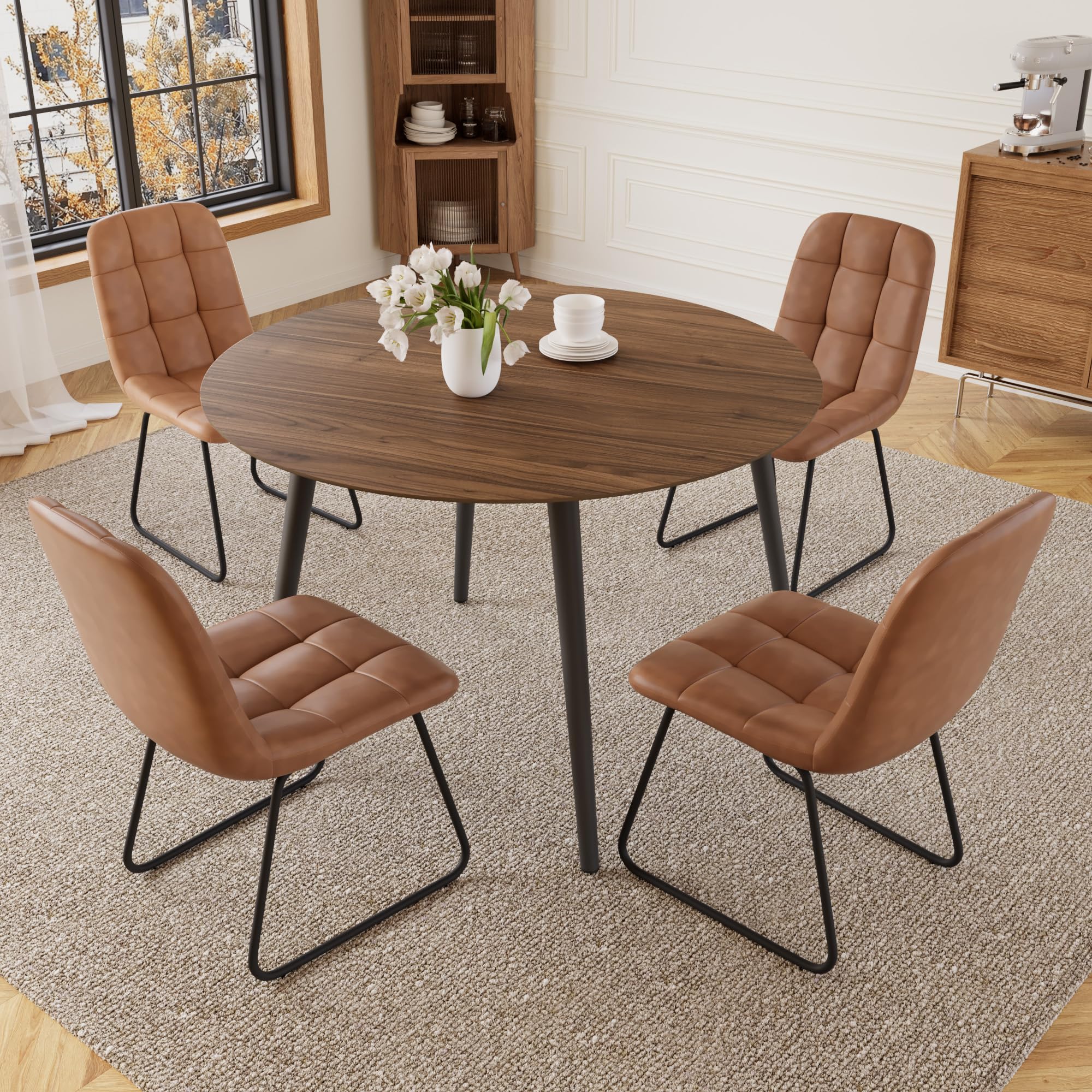 HIPIHOM 43.3 Inch Round Dining Table Set for 4, Modern Small Kitchen Coffee Set for Dining Room Kitchen Apartment (Walnut Table+4 U-Shaped Brown