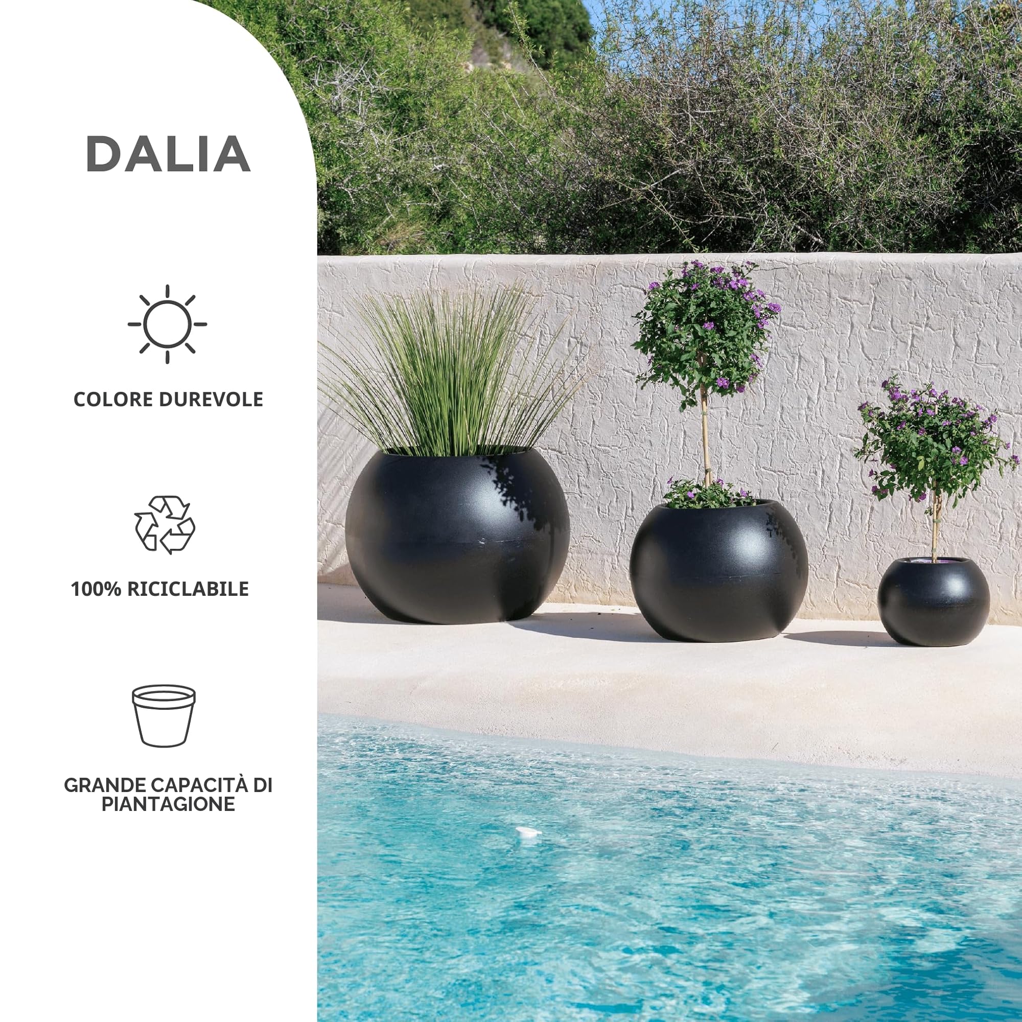 newgarden - Vaso rotondo per piante e fiori, Dalia molto resistente all'esterno, dimensioni disponibili. Include la riserva di drenaggio dell'acqua. Realizzato in polietilene in Spagna