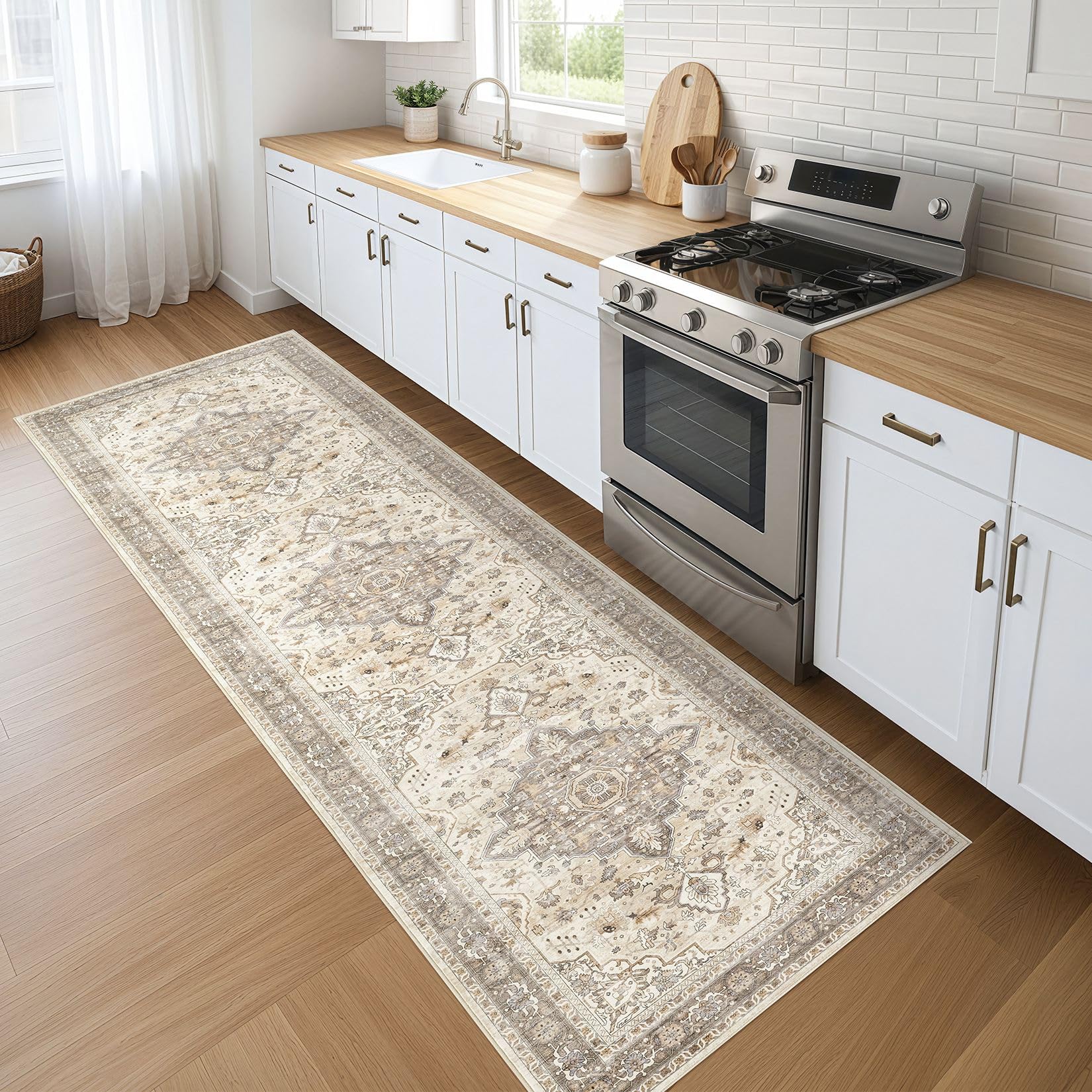 LOONGRUG Runner Rug 3x8 Washable Non-Slip Vintage Boho Rug Beige Brown