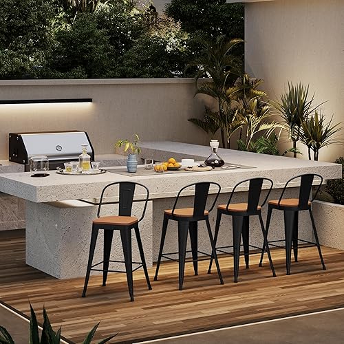 Miniatura 7 de Taburetes de bar de metal para exteriores, juego de 4,24 pulgadas, taburete de bar de altura de mostrador con respaldo alto, sillas de comedor para