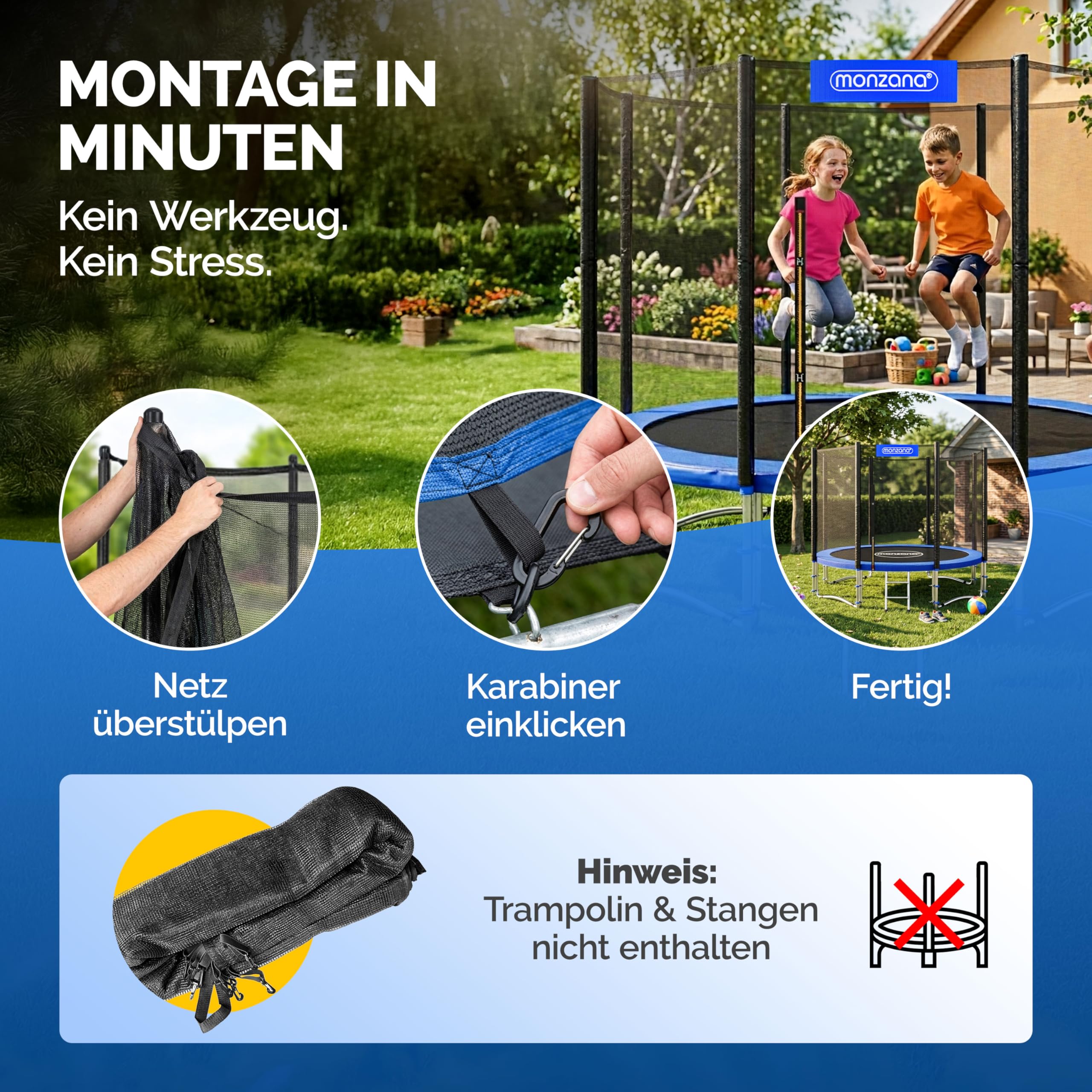 Monzana® Sicherheitsnetz Trampolin Ø 183/244/305/366/427 cm 6-8 Stangen UV-beständig Trampolinnetz Trampolinschutz