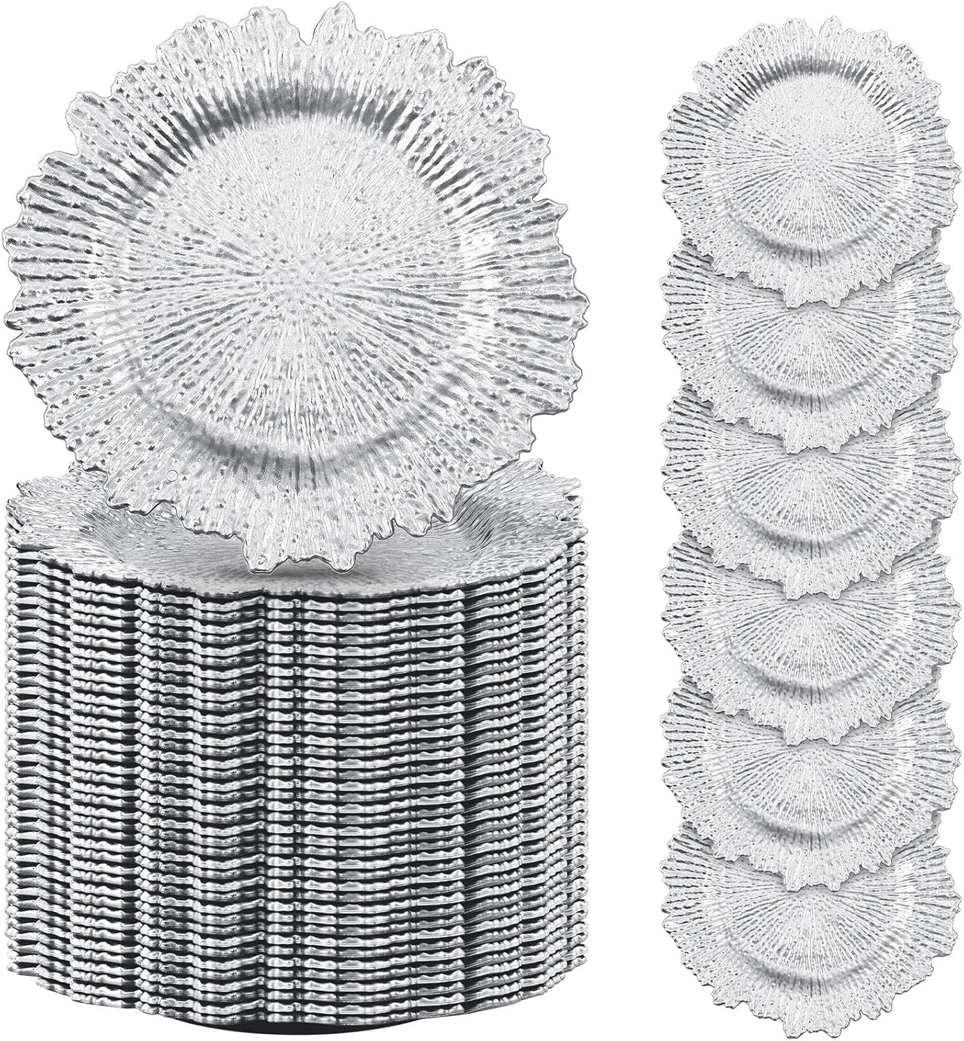 Uiifan 150 Pcs Charger Plates Bulk 13 Inch Plastic Reef Plate Matte Ruffled Rim Chargers for Dinner Round Decorative for Wedding Party Holiday Event Supplies(Silver)