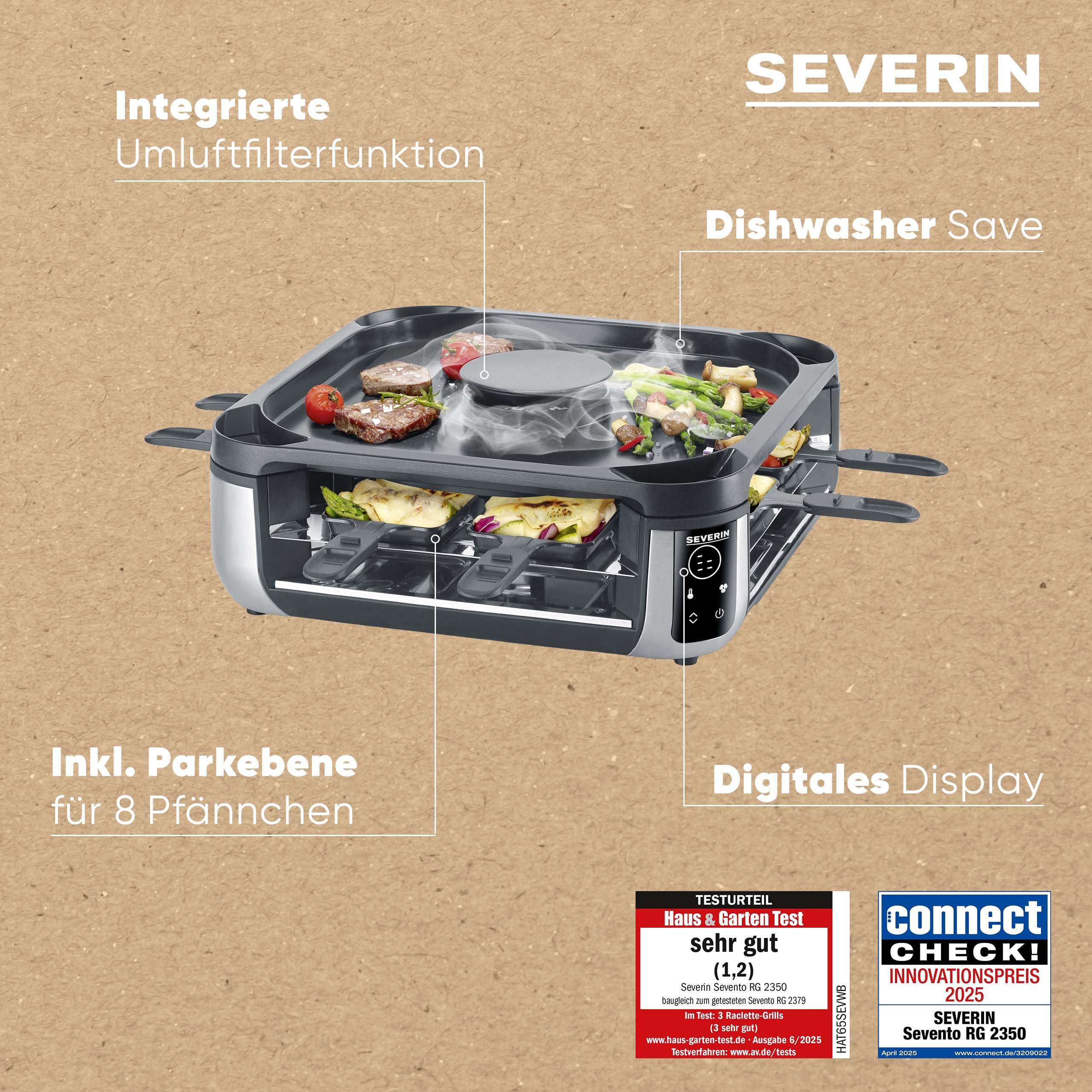 Severin S-Joy Sevento Raclette-Grill mit integriertem Umluft-Filter: weniger Rauch & Gerüche, Digital-Display, 8 Pfännchen & 8 Spatel, kratzfeste ILAG-Beschichtung, bis 230°C, 1900W, schwarz, RG 2350