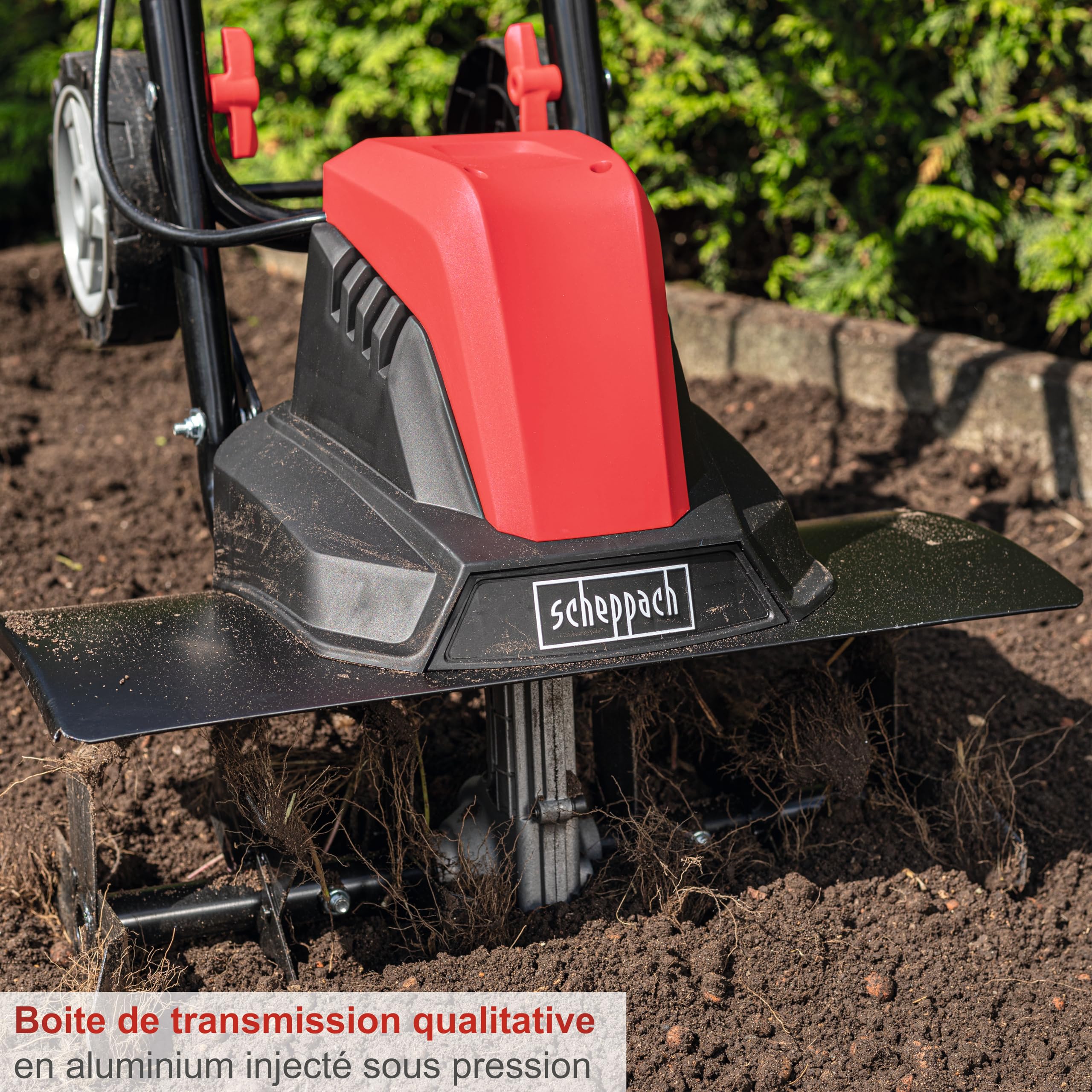 Scheppach Motobineuse électrique MTE460 | 1500W | 450mm de Largeur & 220mm de Profondeur de Travail | Equipée de 24 Couteaux | Nécessite Peu d'entretien | Guidon Repliable | Idéal pour Potager