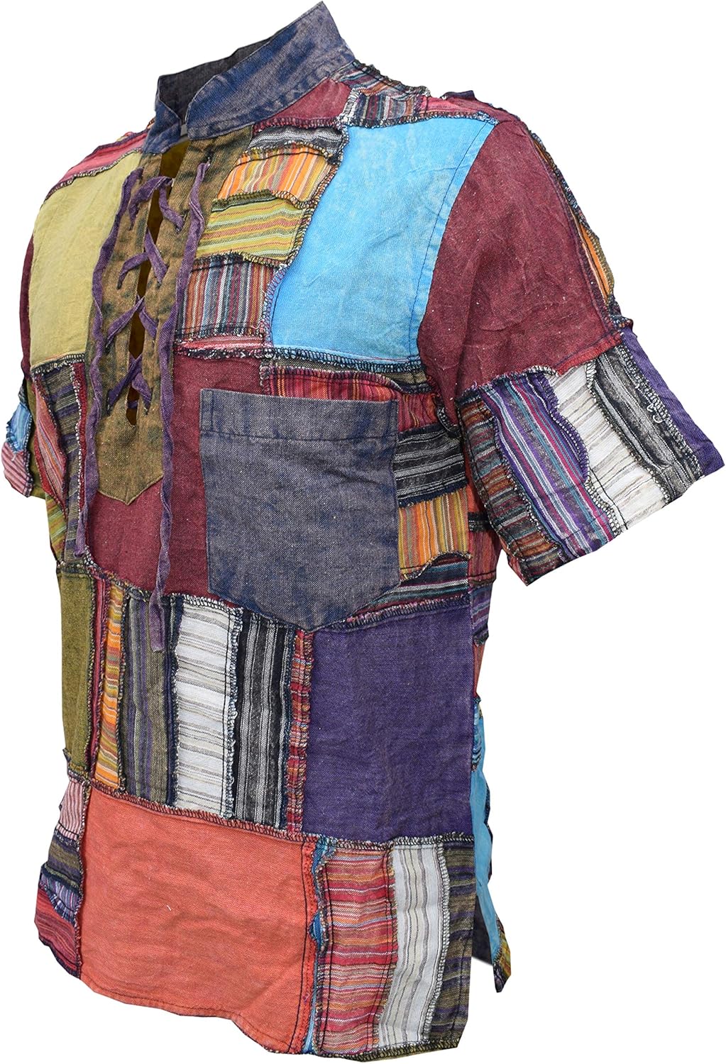 Overlock Patchwork Colorful Distressed Festival Hippy Lace Up Grandad Collar Short Sleeve T-Shirt
