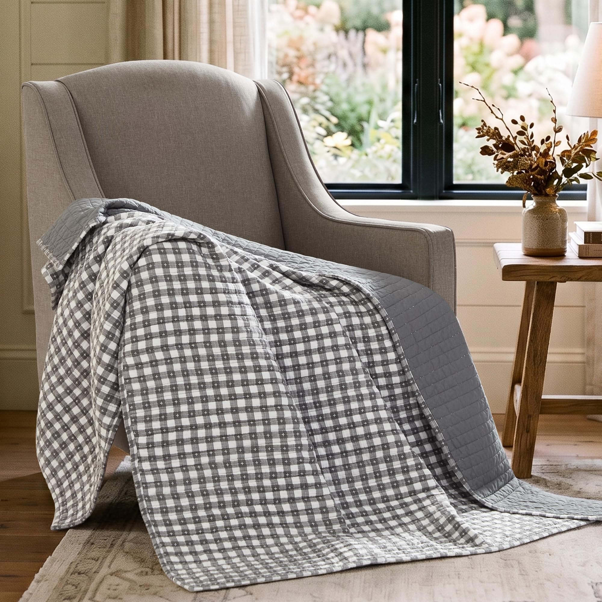 Levtex Home Camden Gingham Stitch Grey Quilted Throw - 50x60in. - Grey and Ivory Gingham - Reversible - Textured Cotton Throw Blanket