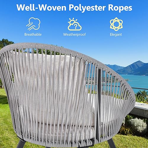 Miniatura 9 de Tangkula Juego de muebles de patio de 3 piezas, juego de sillas de balcón con cojines de asiento y respaldo, mesa de vidrio templado, moderno juego