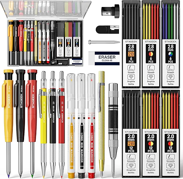 STAGEEK 22 Pack Carpenter Pencil Set with Sharpener, Mechanical Carpenter Pencils with 60 Refills, Deep Hole Long-Nib Marker Pens, Carbide Scribe Tool & Construction Pencils for Architect with Case