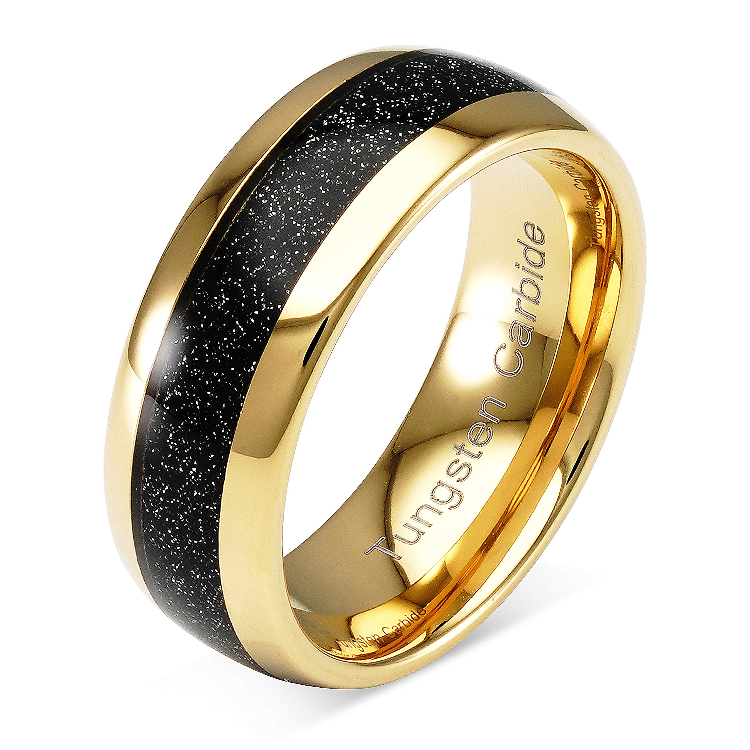 100S JEWELRY Custom Tungsten Ring for Men Wedding Band Black Sandstone Inlaid Gold Dome Size 6-16