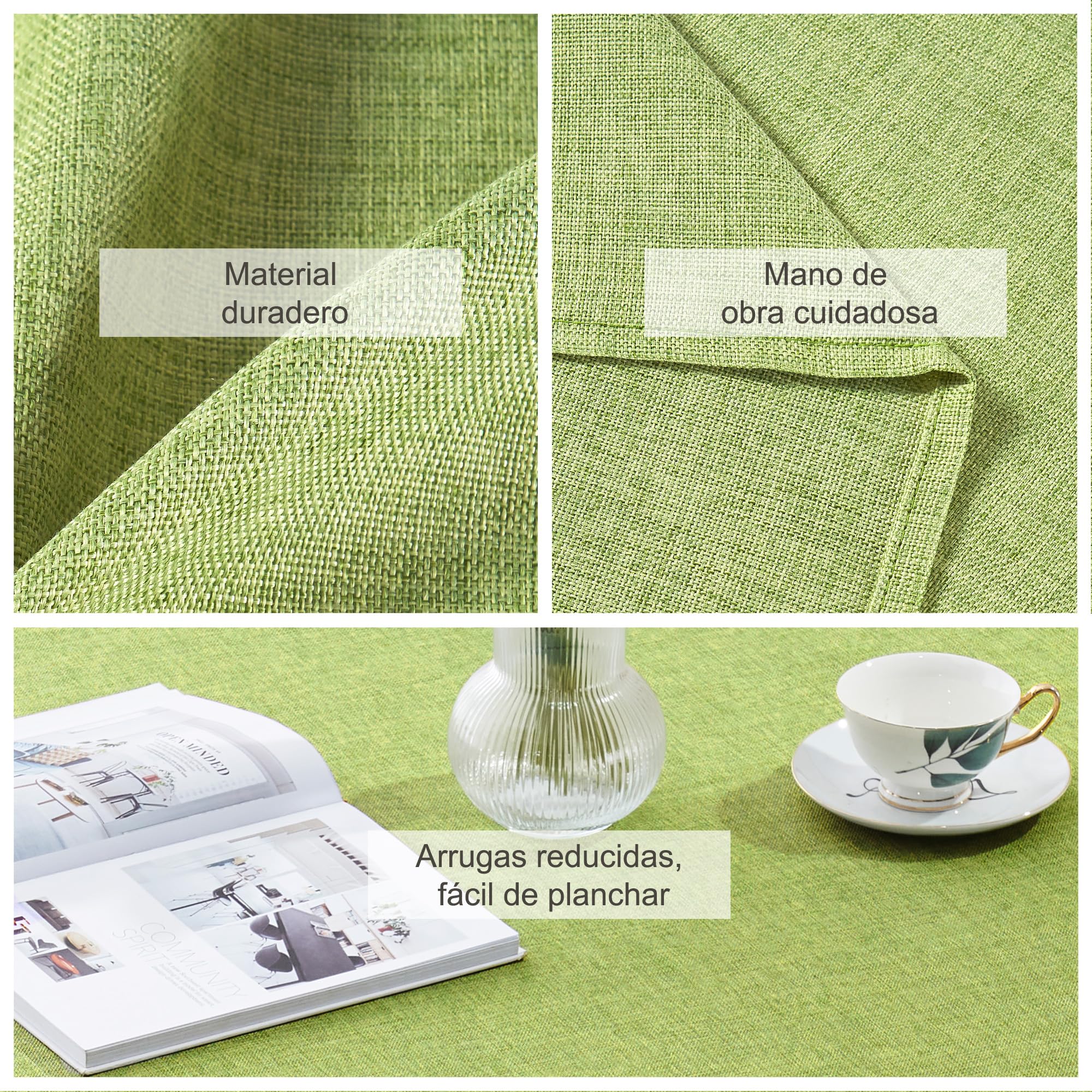 Decomira Mantel de Mesa Redondo Aspecto Lino - Repelente al Agua, Antimanchas, Lavable - como Mantel de Jardín o para Mesa de Comedor - Verde - 200 cm Redondo