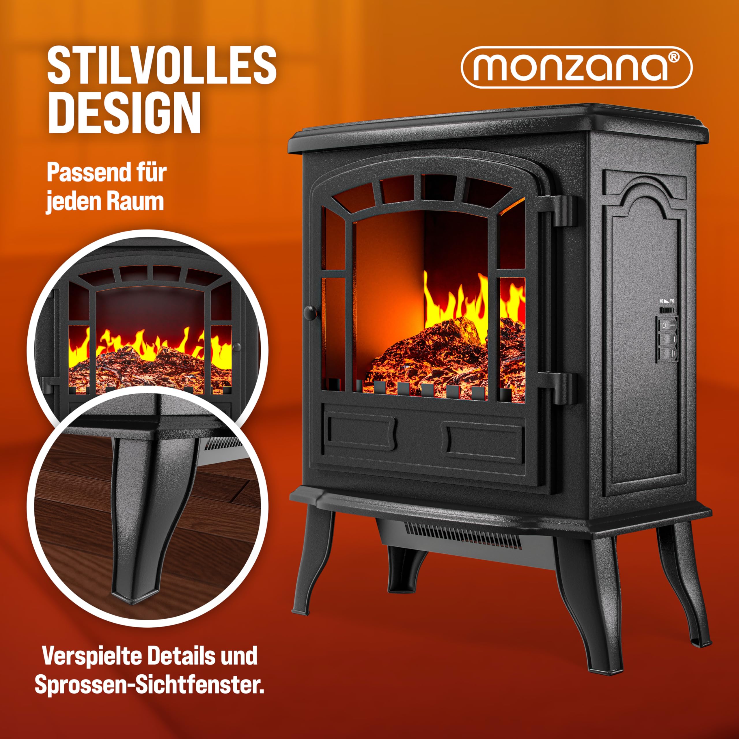 MONZANA® Elektrokamin mit LED Flammeneffekt Heizlüfter 2000W 2 Heizstufen Kamin Ofen Heizung Wohnzimmer 39x24x57cm Schwarz
